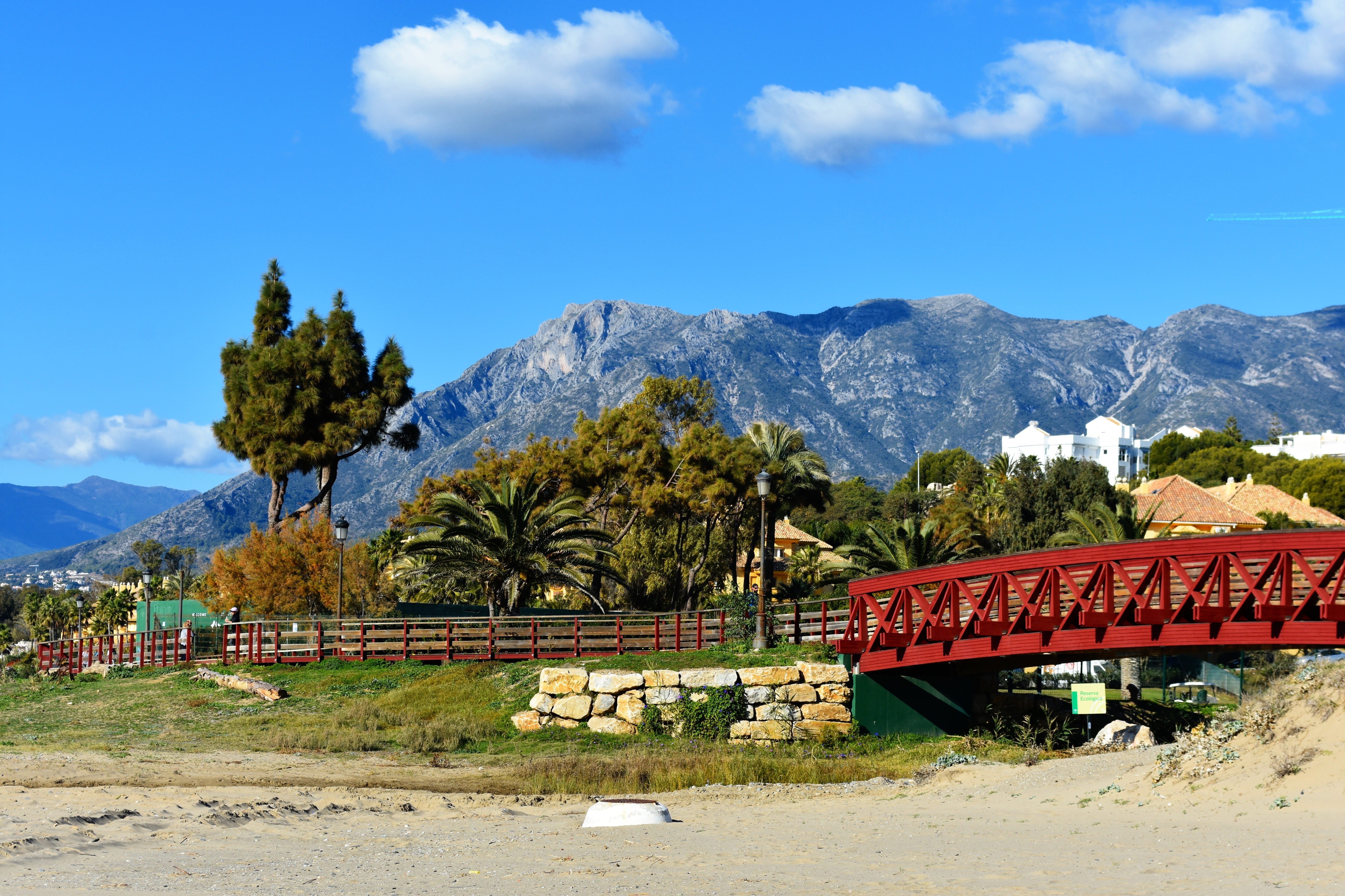 connection, no people, bridge, outdoors, sky, blue, nature, beauty in nature, mountain peak, day, architecture, building exterior, 5K, andalusia, promenade, HD Wallpaper