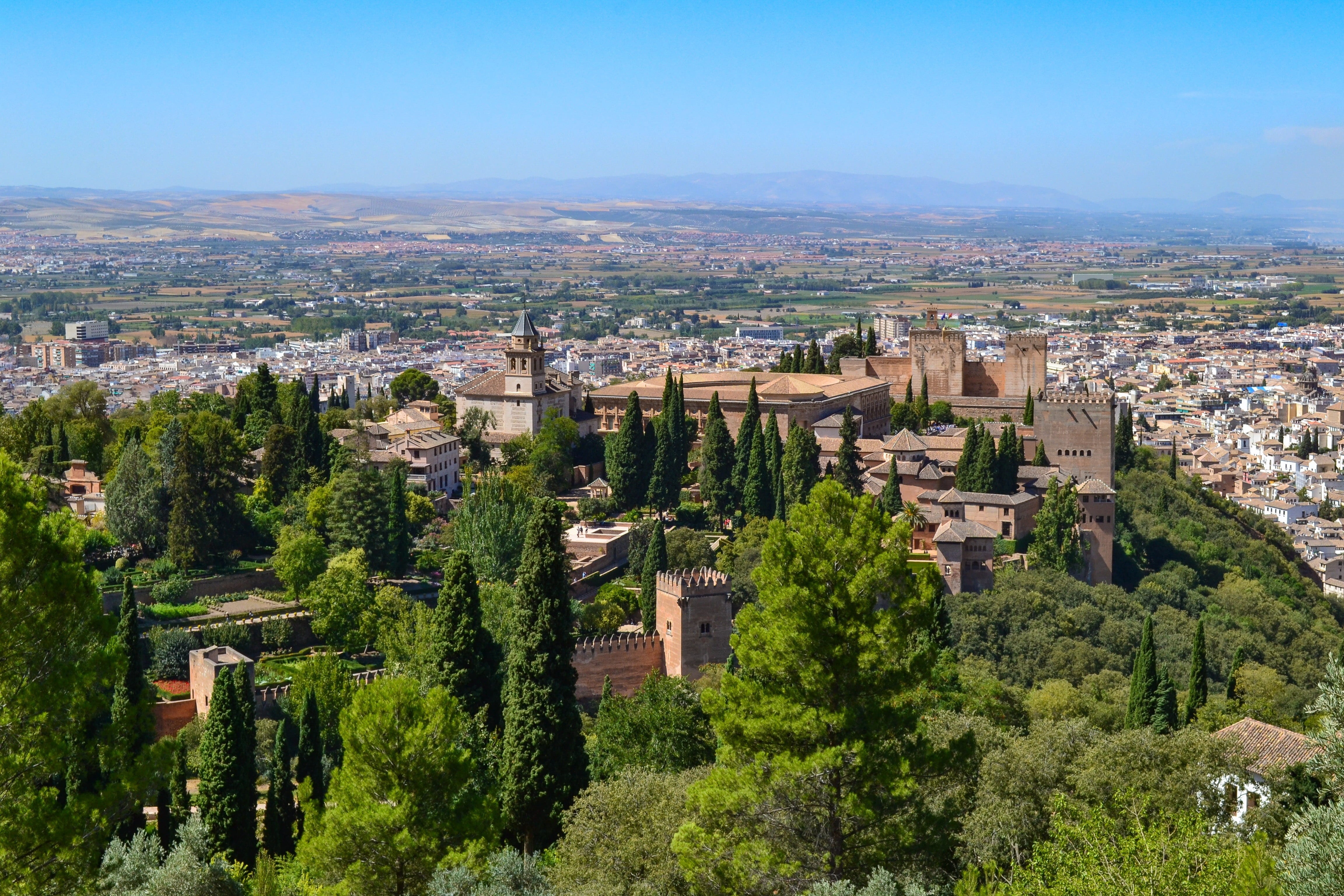 palace, high angle view, outdoors, building exterior, unesco, granada, fortress, nature, plant, cityscape, city, sky, 4K, travel, built structure, green color, HD Wallpaper
