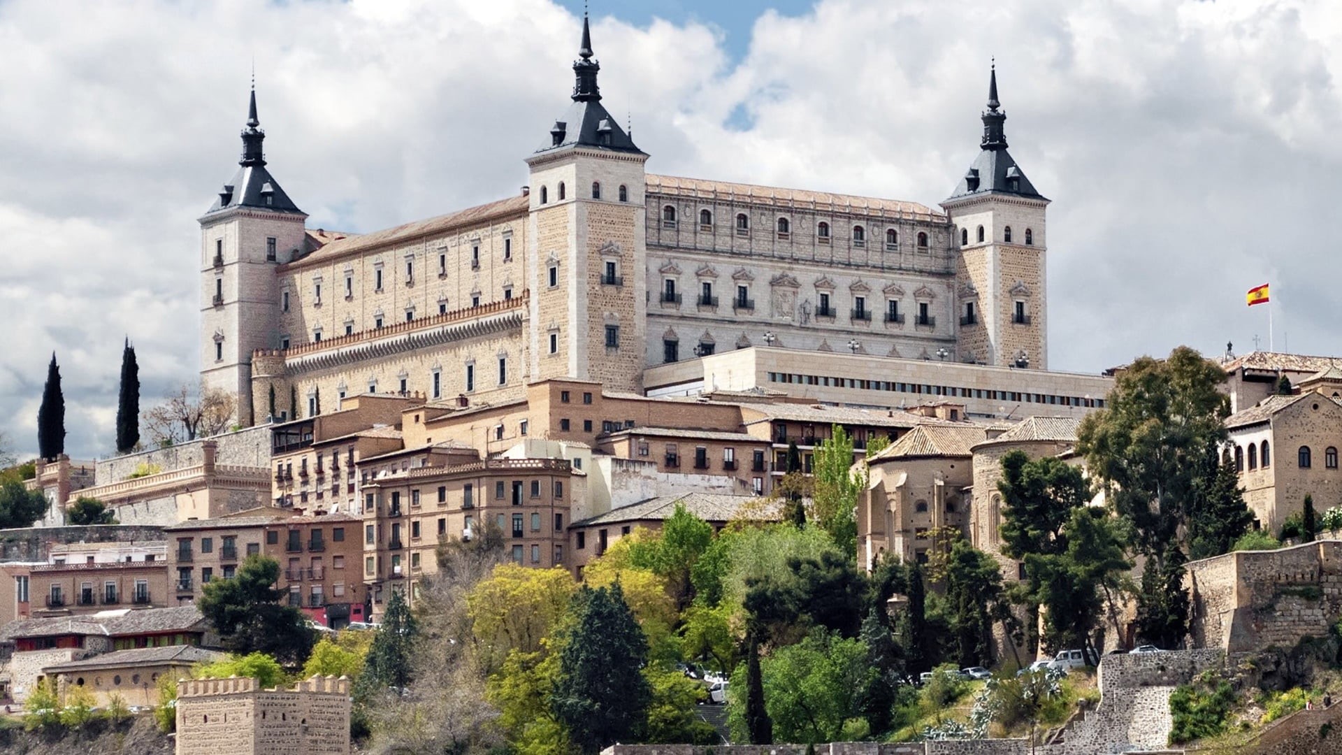 spain, outdoors, spire, architecture, tree, palace, building, travel, history, historic site, building exterior, no people, cloud - sky, town, medieval architecture, HD Wallpaper