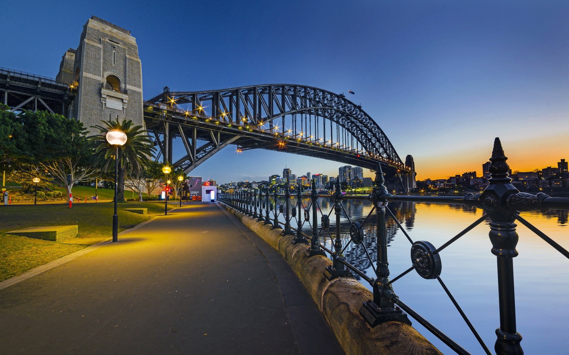 cityscape, lights, sunset, evening, 1080P, architecture, reflection, fence, bridge, street, Australia, Sydney, river, building, water, palm trees, HD Wallpaper