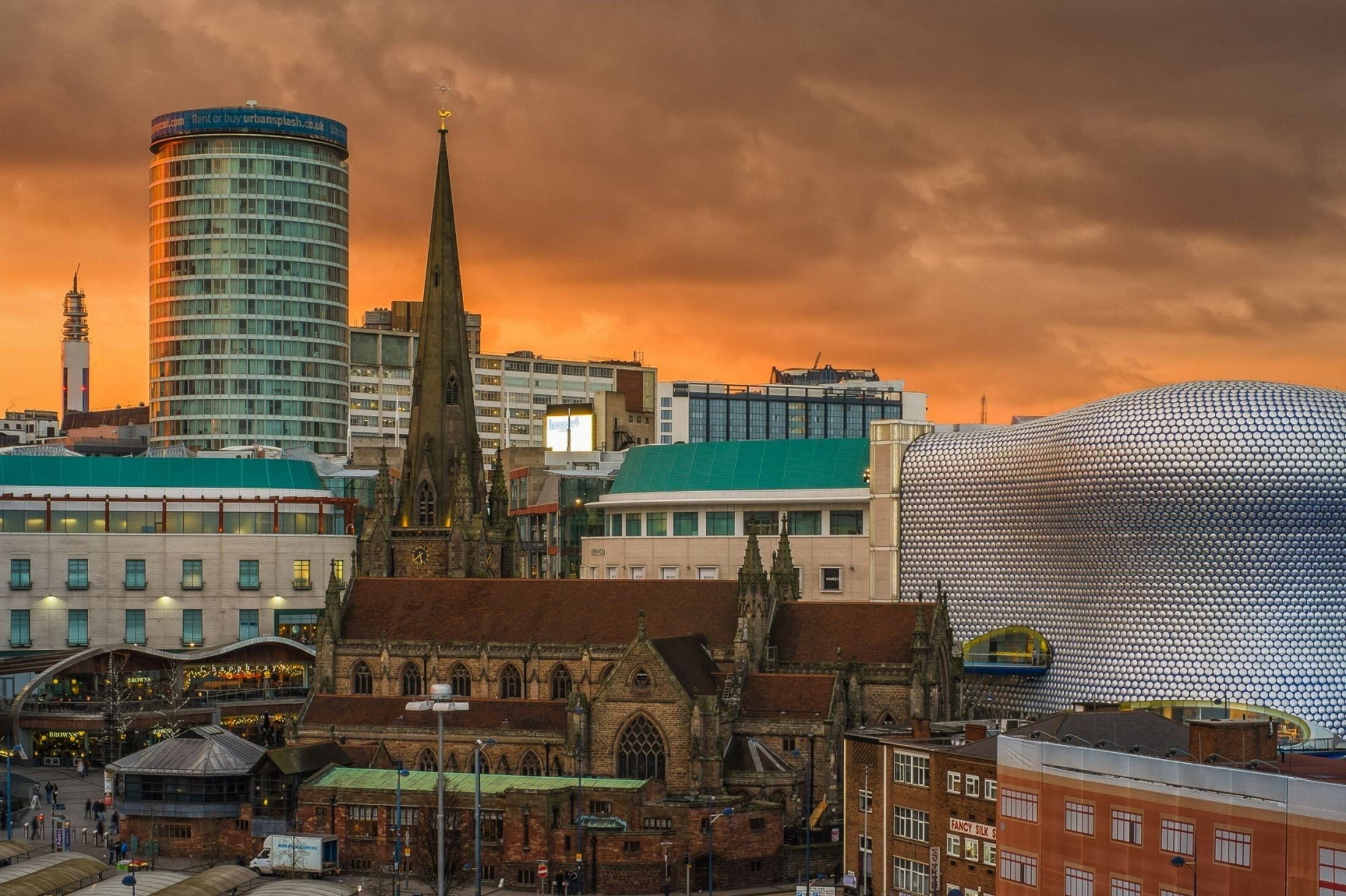 sunset, church, architecture, building, 1080P, England, modern, clouds, UK, Birmingham, city, cityscape, HD Wallpaper