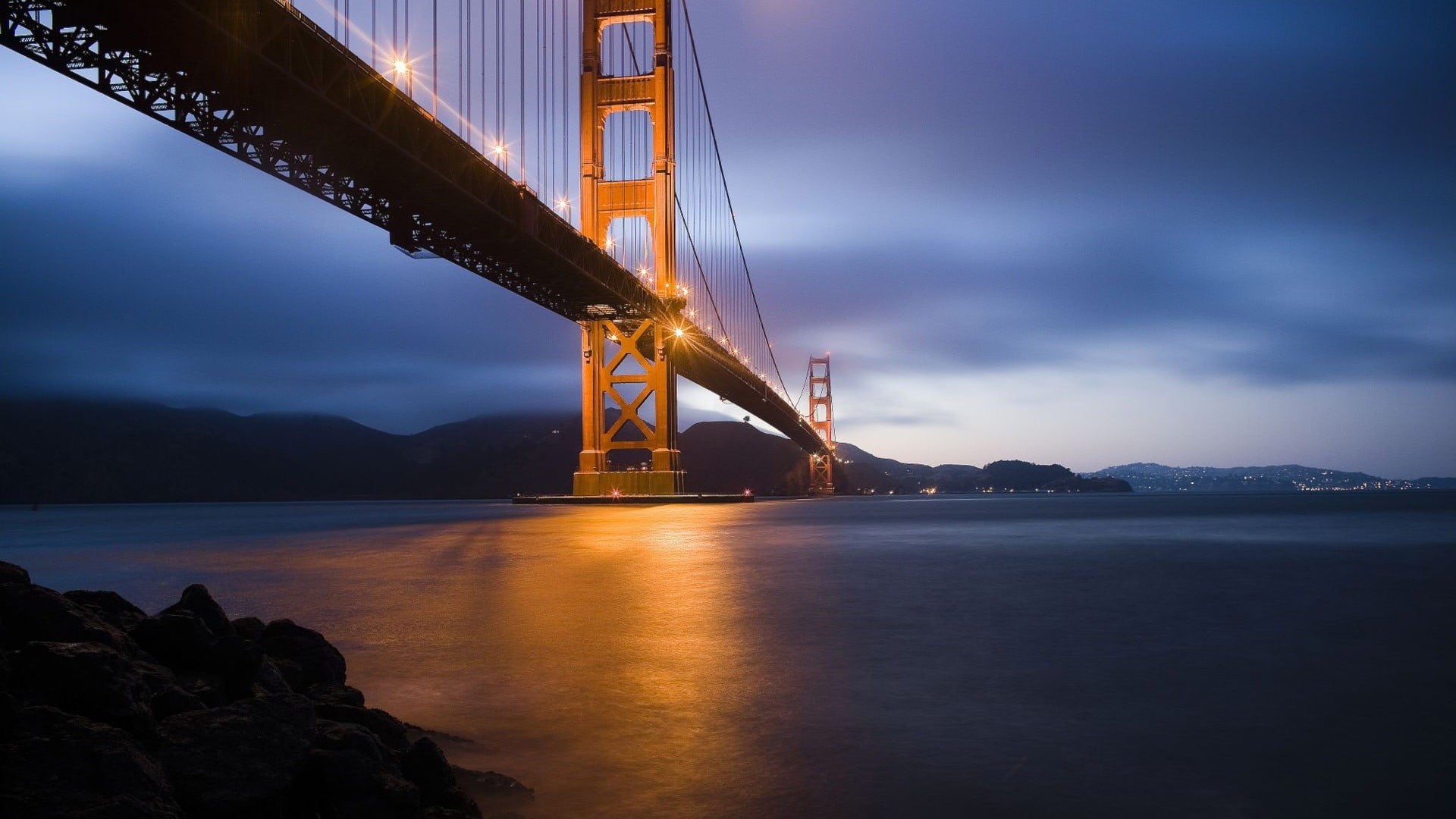 bridge, suspension bridge, no people, illuminated, bridge - man made structure, gate, sea, Golden Gate Bridge, night, travel destinations, cityscape, outdoors, HD Wallpaper