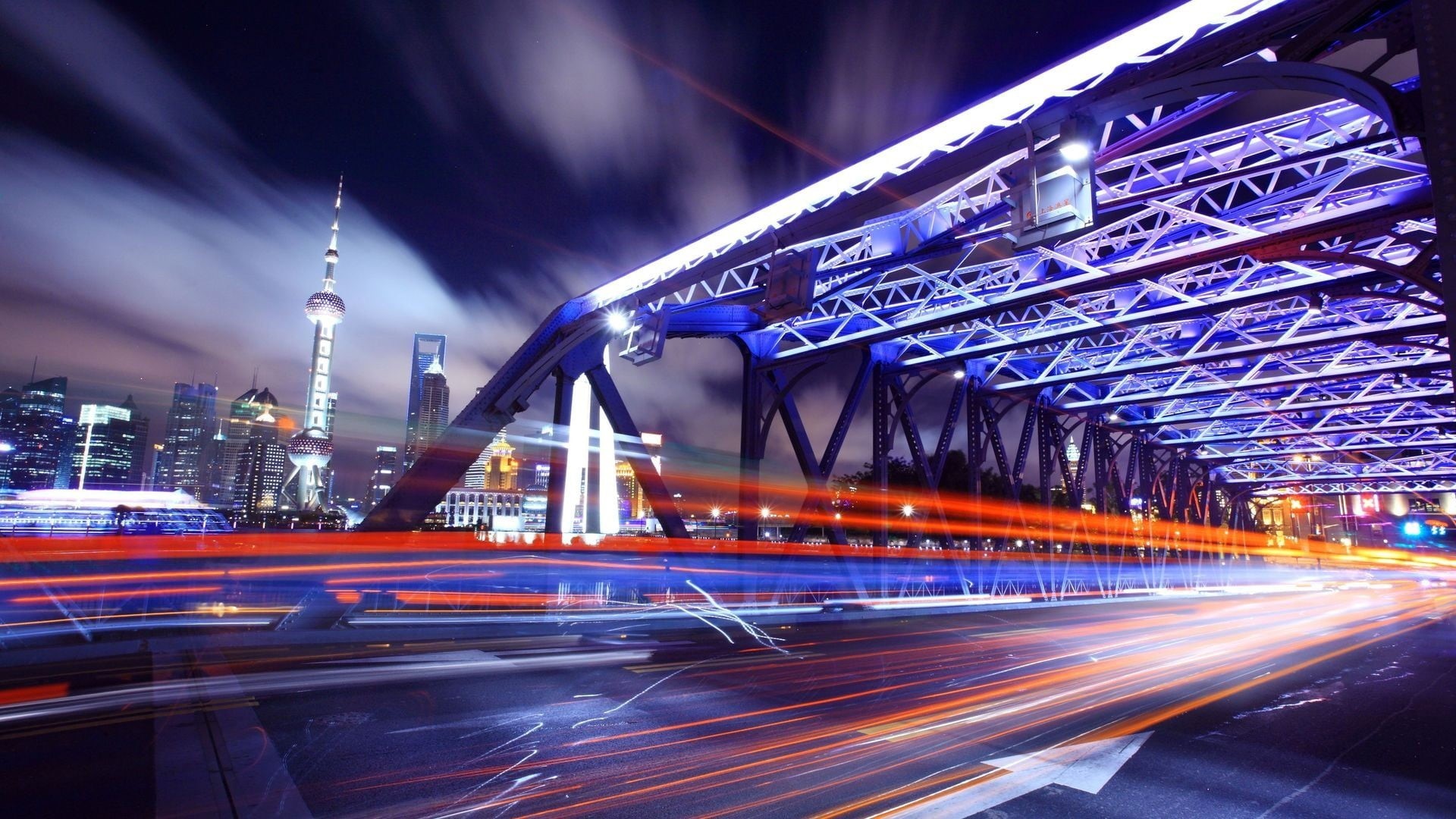 city life, Shanghai, cityscape, travel destinations, illuminated, speed, light trail, traffic, urban, built structure, photo, lights, long exposure, bridge - man made structure, HD Wallpaper