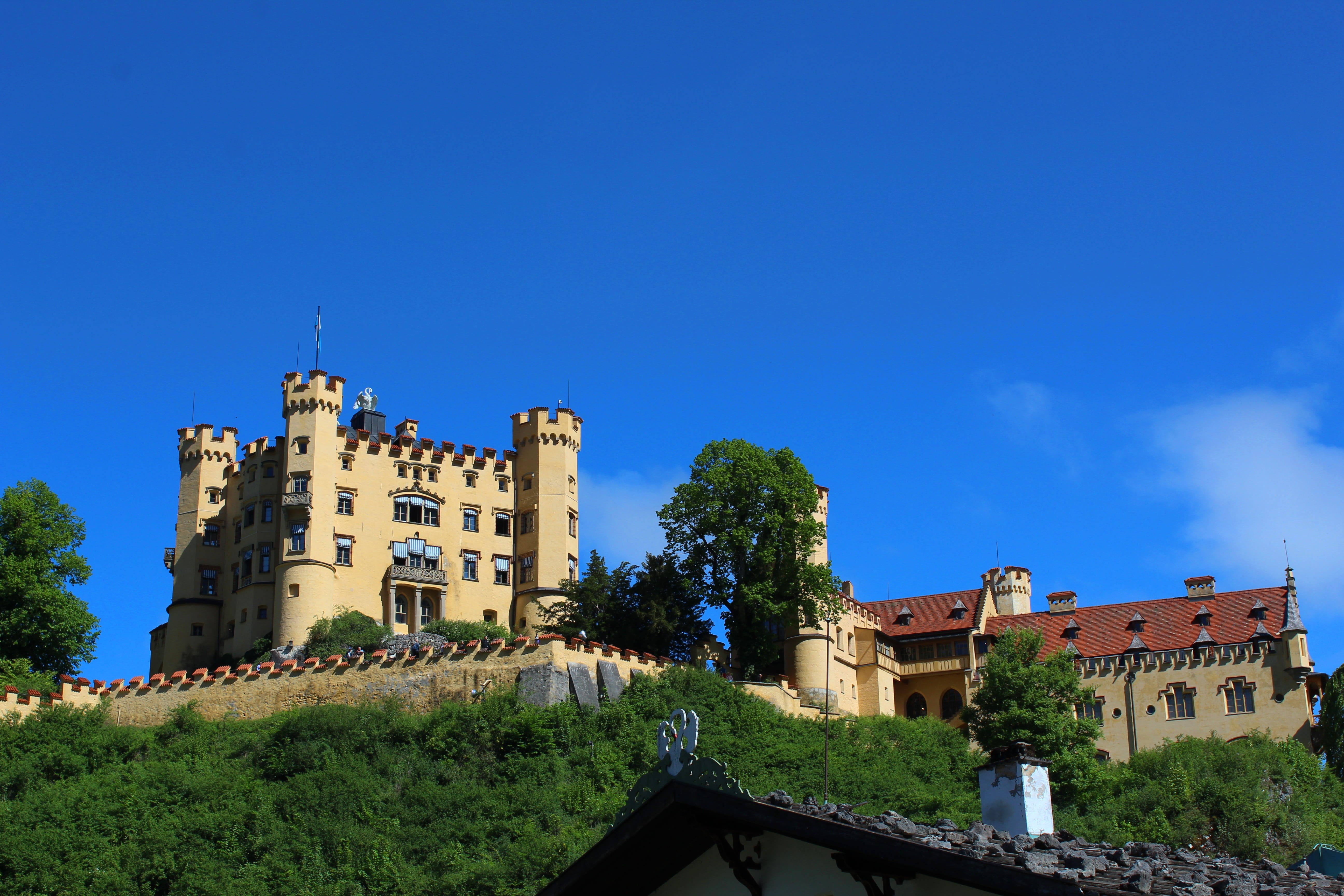 world heritage, castle, 5K, building exterior, bavaria, blue, nature, history, clear sky, romantic, king ludwig, fairy castle, brown, daytime, historically, HD Wallpaper