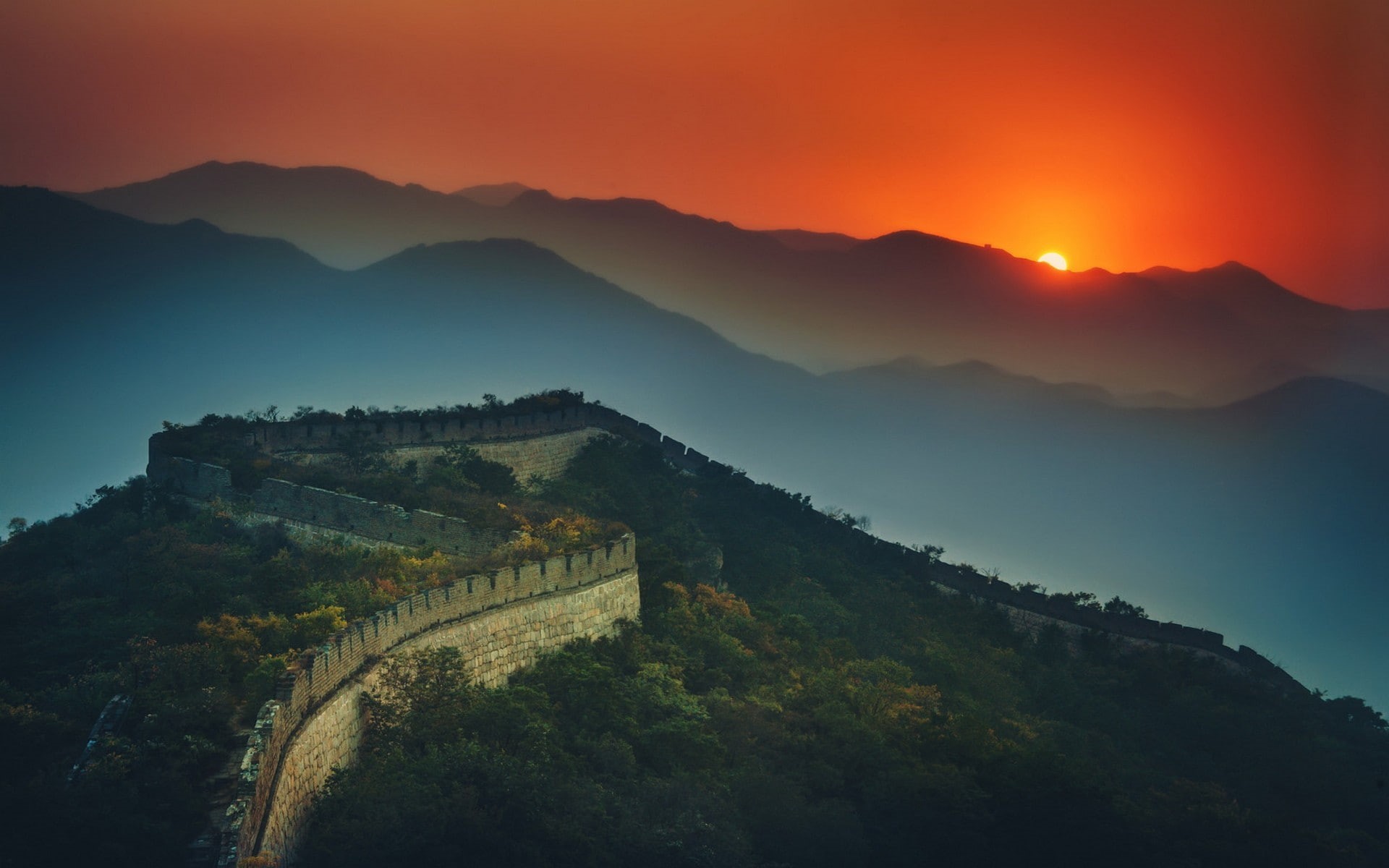 red, sky, 1080P, architecture, Great Wall of China, shrubs, mist, mountains, nature, sunset, landscape, HD Wallpaper