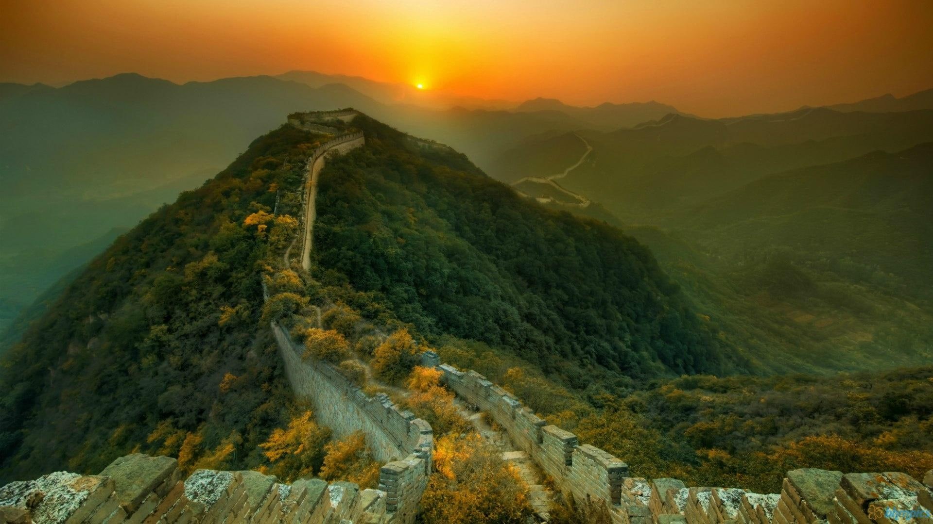 china, sunset, wall, sunsets, nature, 1080P, great, walls, mountains, nature and landscapes, HD Wallpaper