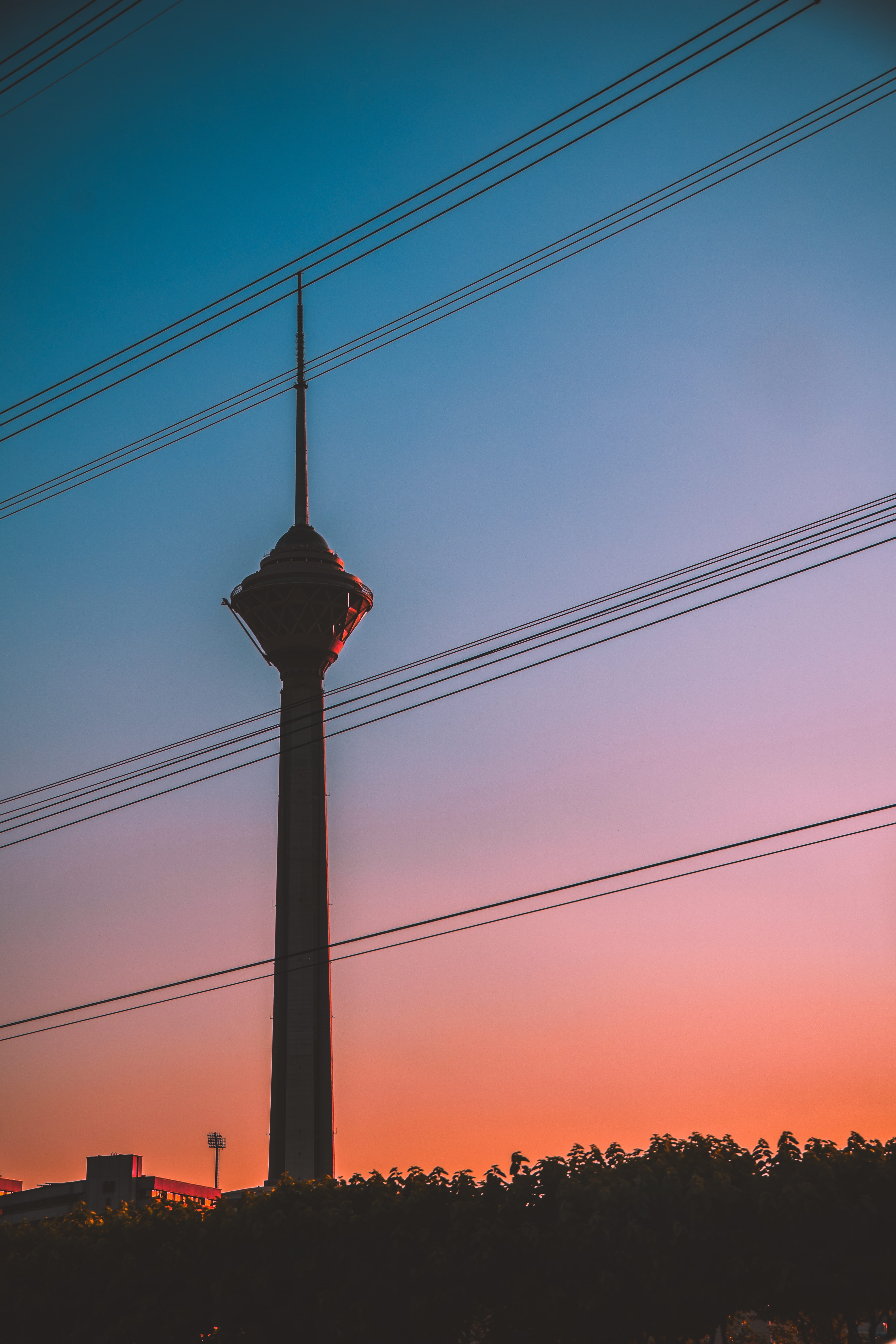outdoors, city, clear sky, cable, fuel and power generation, silhouette, power line, no people, iran, architecture, technology, milad, tall, low angle view, Phone HD Wallpaper