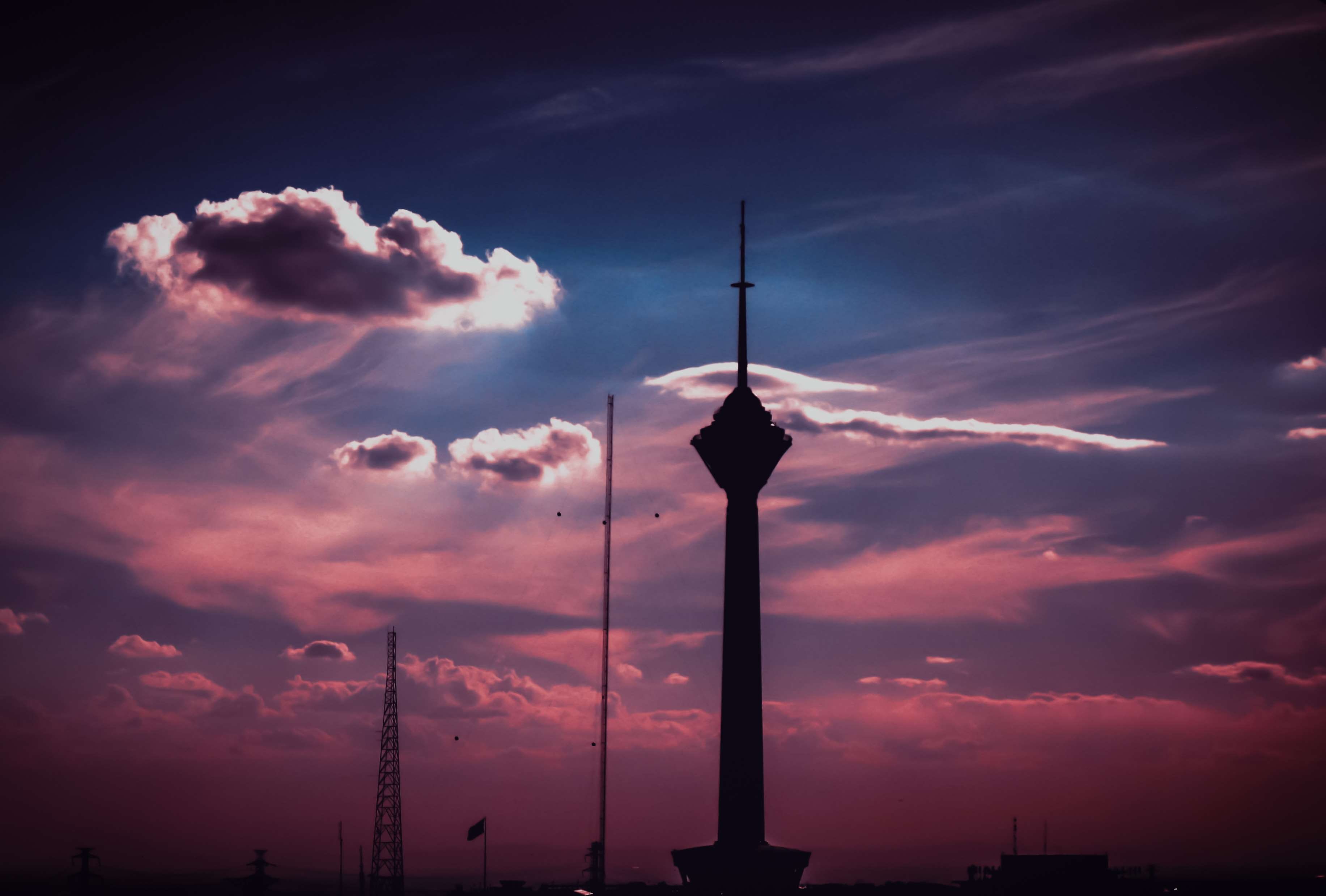 architectural column, spire, tall - high, dramatic sky, landscape, sky, building exterior, sunset, tower, architecture, dusk, 2K, no people, outdoors, HD Wallpaper