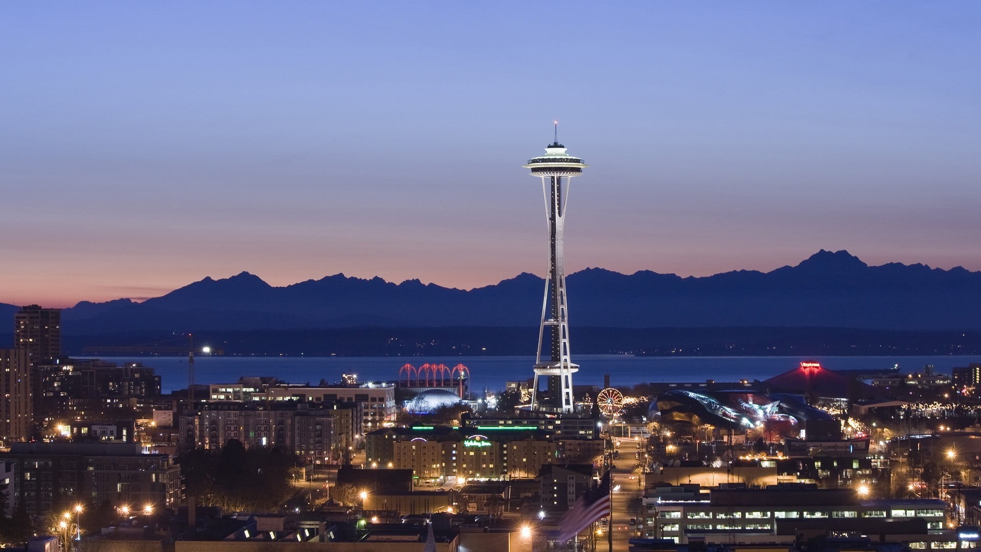 skyscraper, travel destinations, Washington state, city, office building exterior, tower, sunset, 1080P, high angle view, nature, built structure, evening, HD Wallpaper