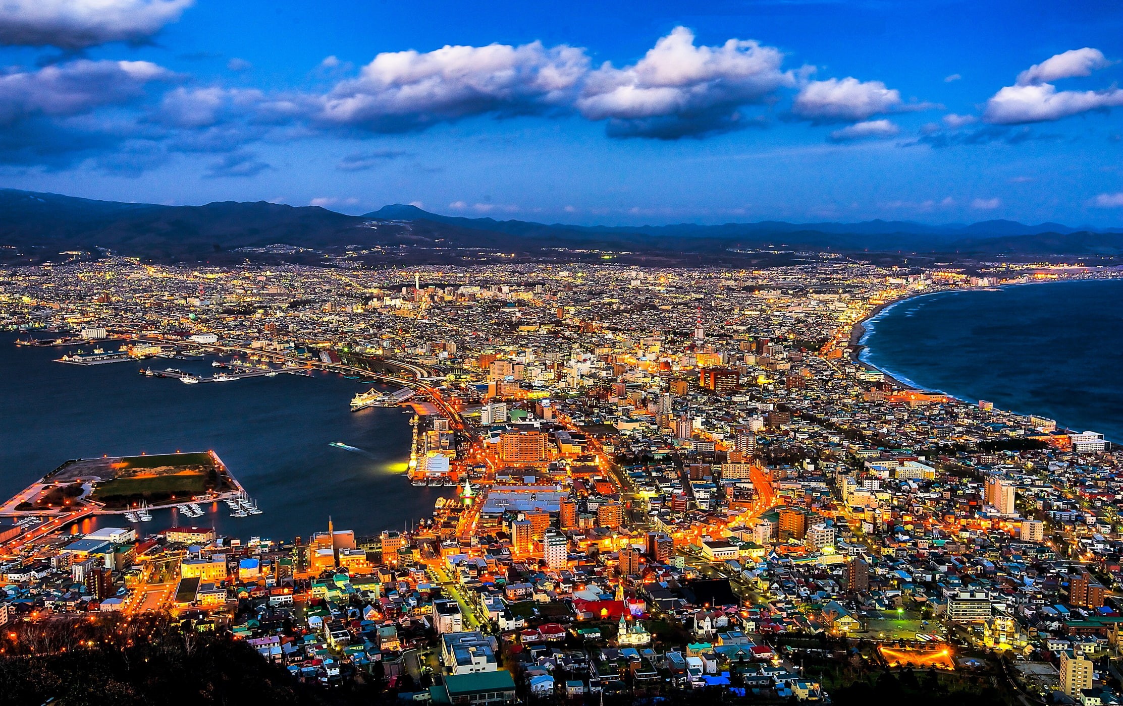 clouds, coast, panorama, sea, Bay, 1080P, Hakodate, Japan, megapolis, HD Wallpaper