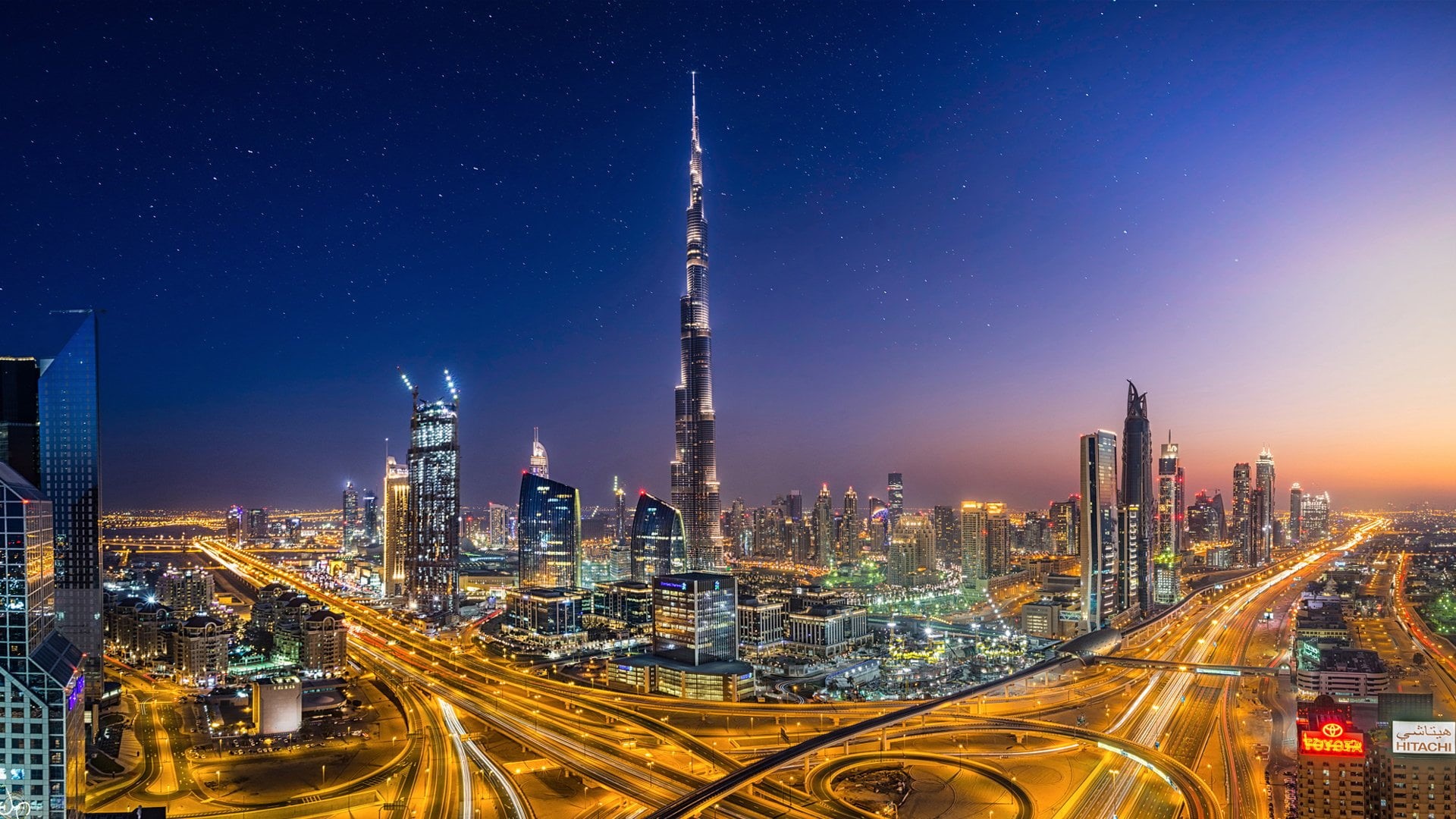 Megapolis, Cities, multiple lane highway, office building exterior, highway, outdoors, street, Night, city life, no people, light trail, view, tower, tall - high, HD Wallpaper
