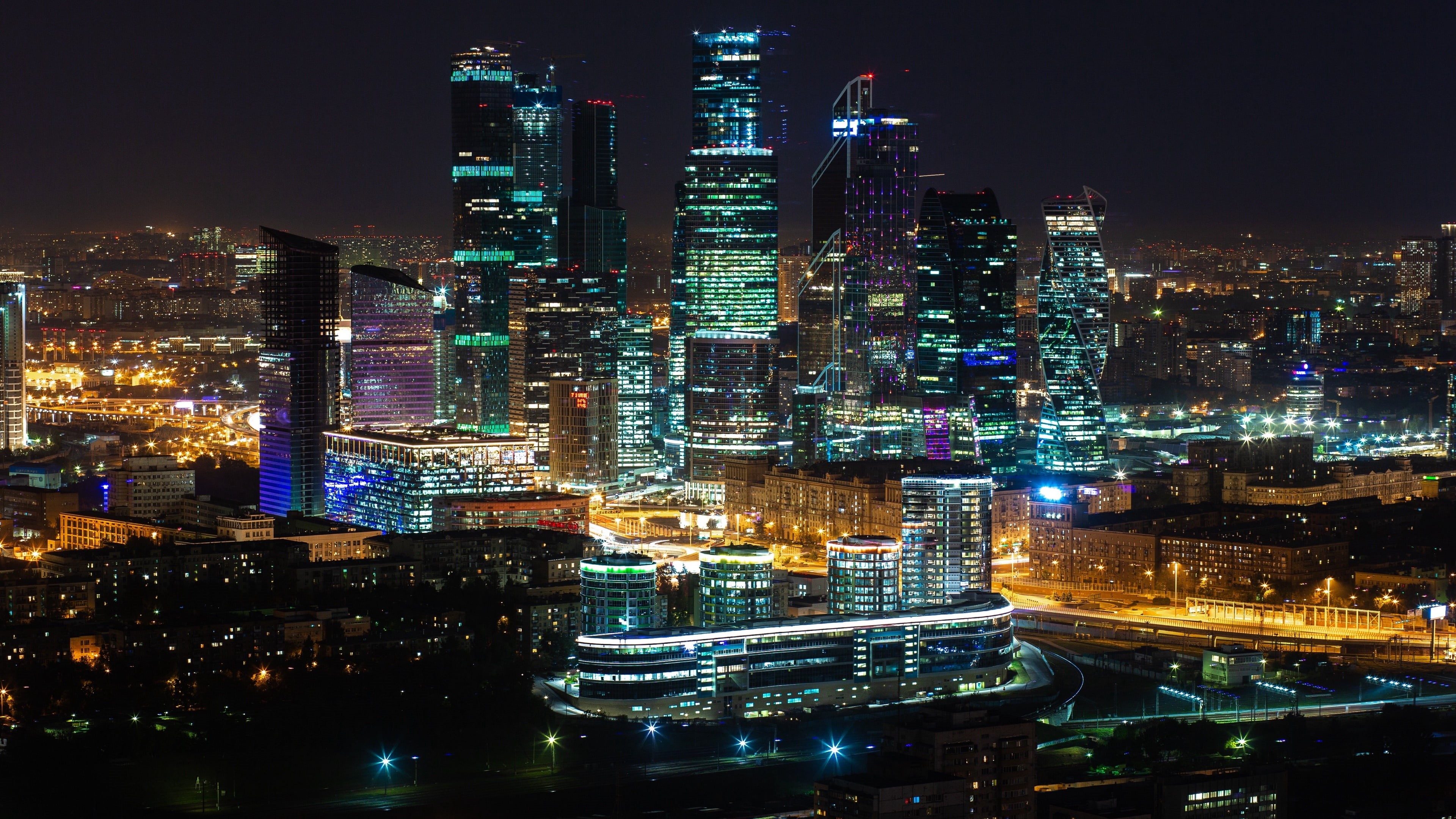 building, city, outdoors, skyscraper, architecture, modern, tall - high, residential district, financial district, russia, night, sky, downtown, built structure, HD Wallpaper