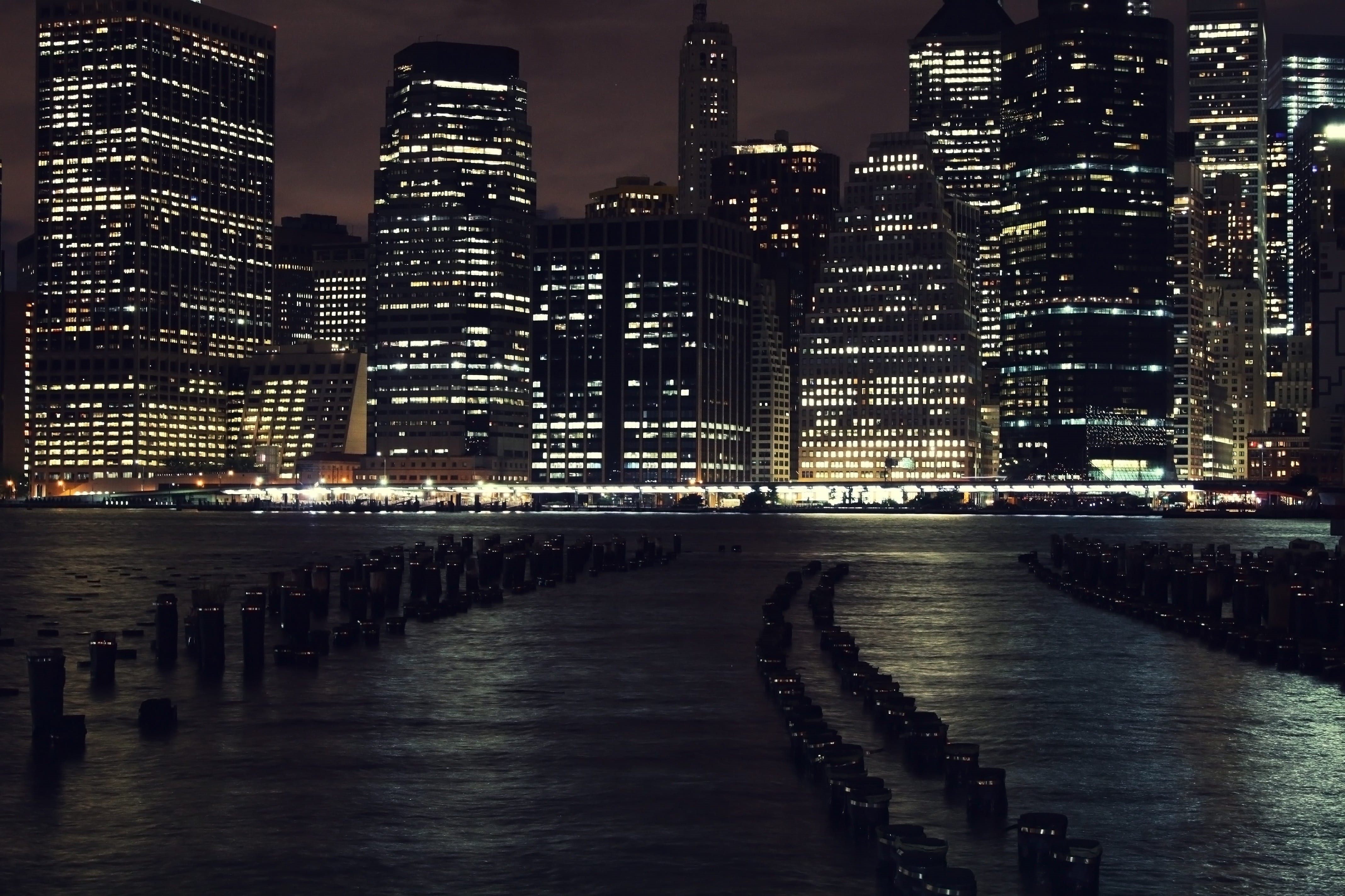 cityscape, waterfront, no people, skyscrapers, night, transportation, night photography, modern, new york city, architecture, built structure, building, HD Wallpaper