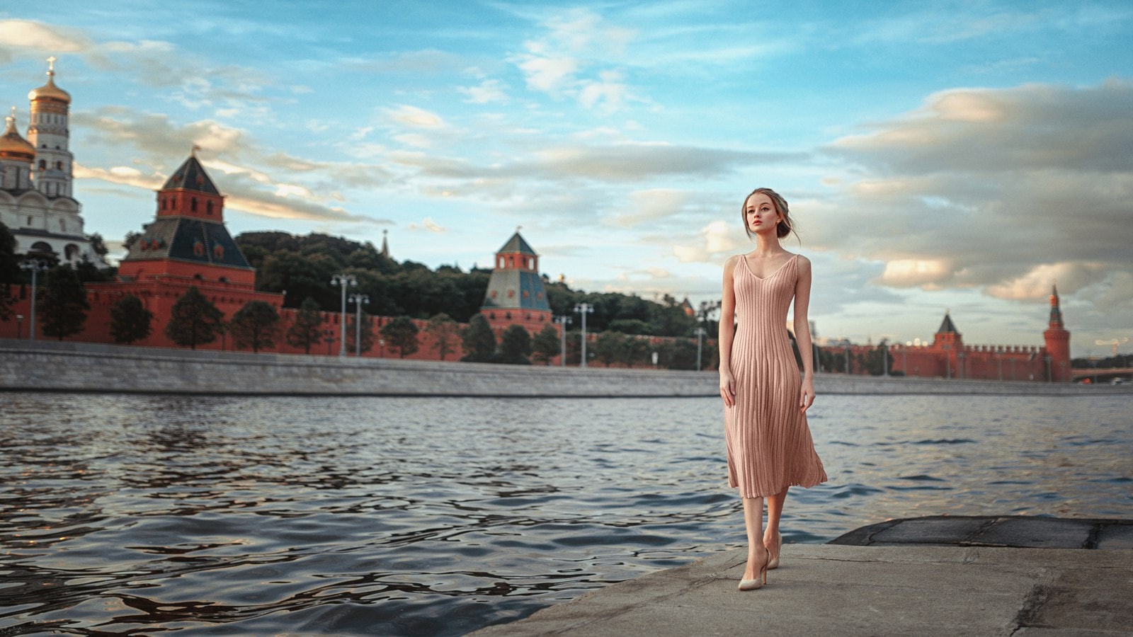 river, Maria Zhgenti, women outdoors, women, model, Russian women, Moscow, photography, city, 720P, blonde, HD Wallpaper