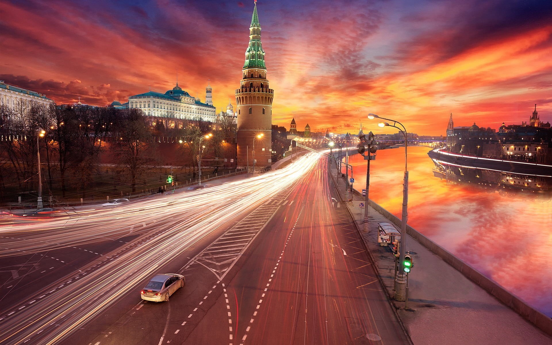 outdoors, Russia, motion, road, sunset, blurred motion, 1080P, river, city life, building exterior, lights, office building exterior, no people, speed, HD Wallpaper