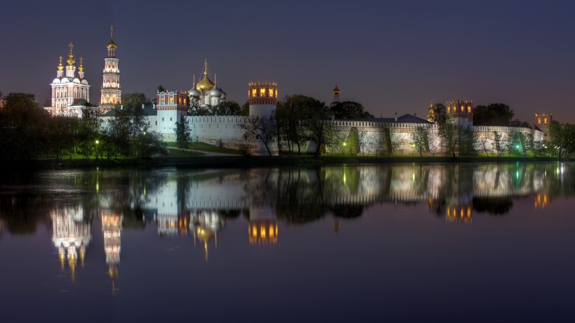 1080P, convent, night, scenery, lake, novodevichy, river, moscow, moscow novodevichy convent, HD Wallpaper