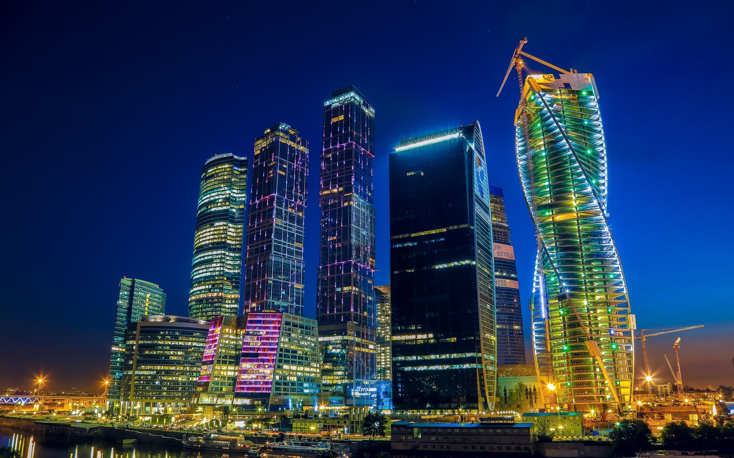 city, moscow, 2K, night, lights, buildings, new, river, HD Wallpaper