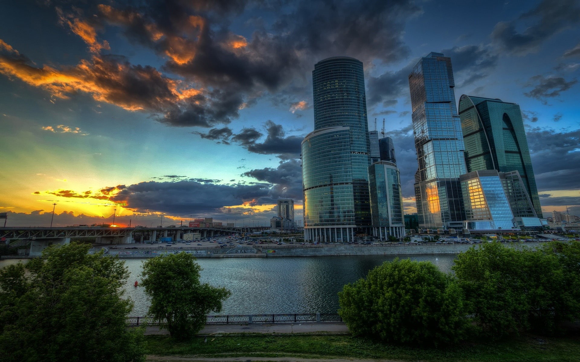 Moscow, Clouds, Bridge, photograph, Sunset, cityscape, Skyscrapers, 1080P, River, capital, Russian, HD Wallpaper