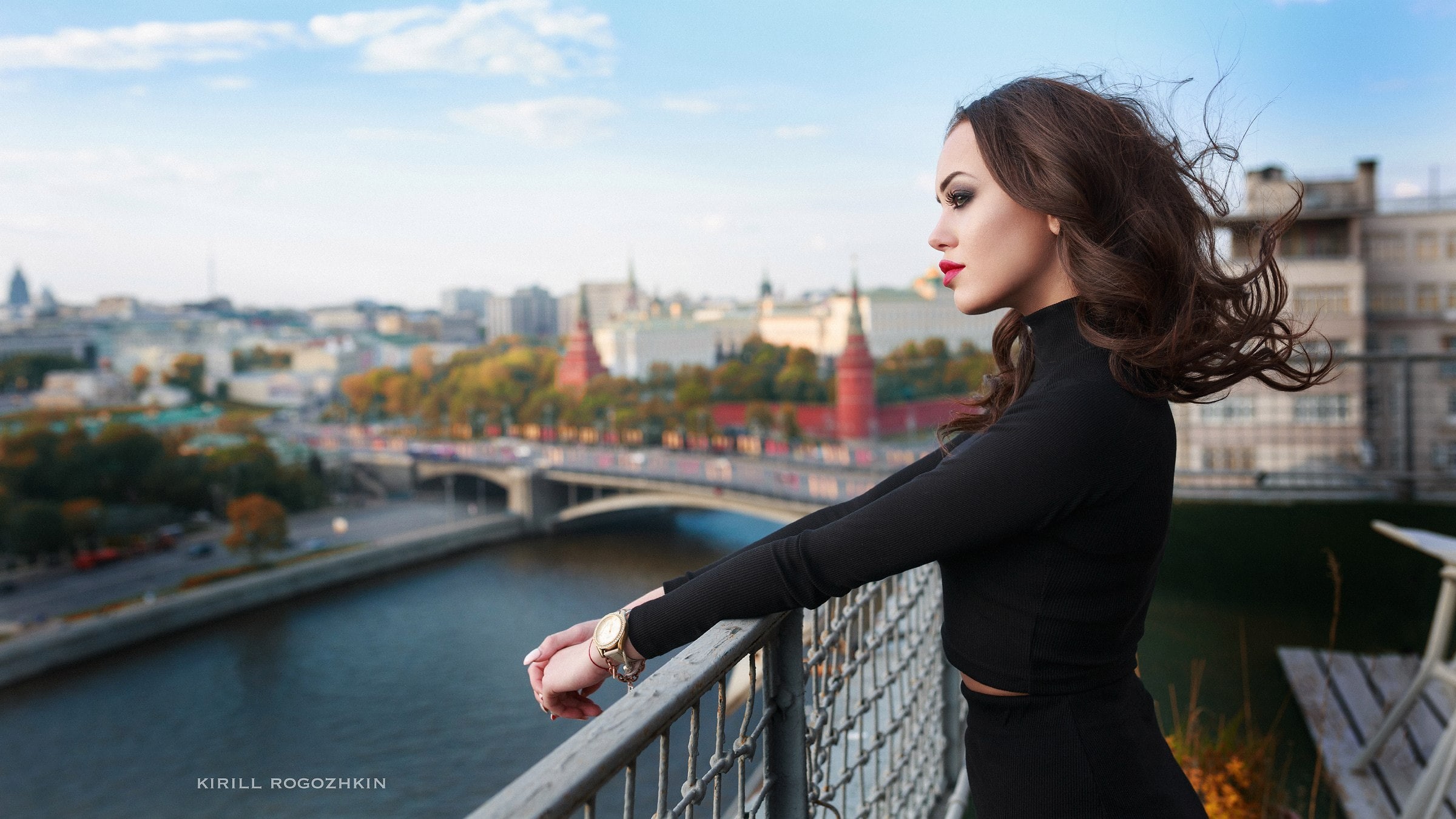 face, black clothing, city, Moscow, cityscape, women, profile, red lipstick, river, Kirill Rogozhkin, 1080P, balcony, women outdoors, brunette, HD Wallpaper