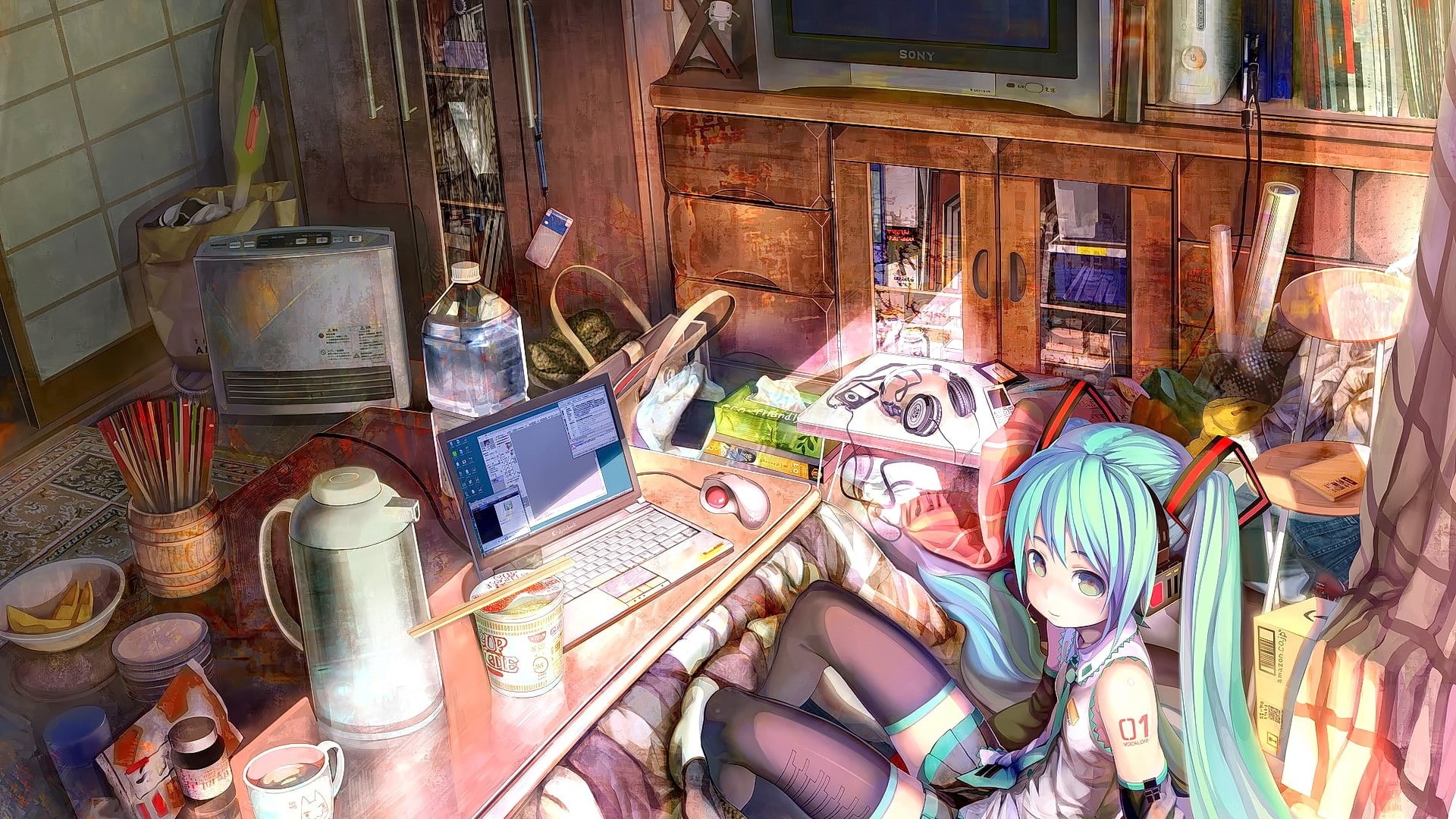 book, Vocaloid, no people, Windows XP, high angle view, long hair, male likeness, representation, anime girls, indoors, technology, room, Hatsune Miku, HD Wallpaper