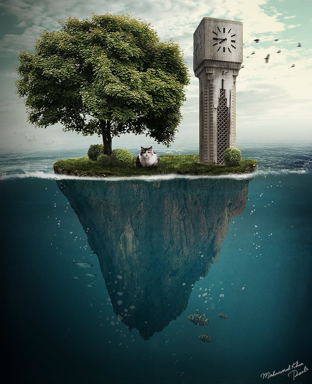 water, tower, outdoors, waterfront, built structure, architecture, sky, animal wildlife, photo manipulation, vertebrate, MohammadKhan, clock, day, sea, Phone HD Wallpaper