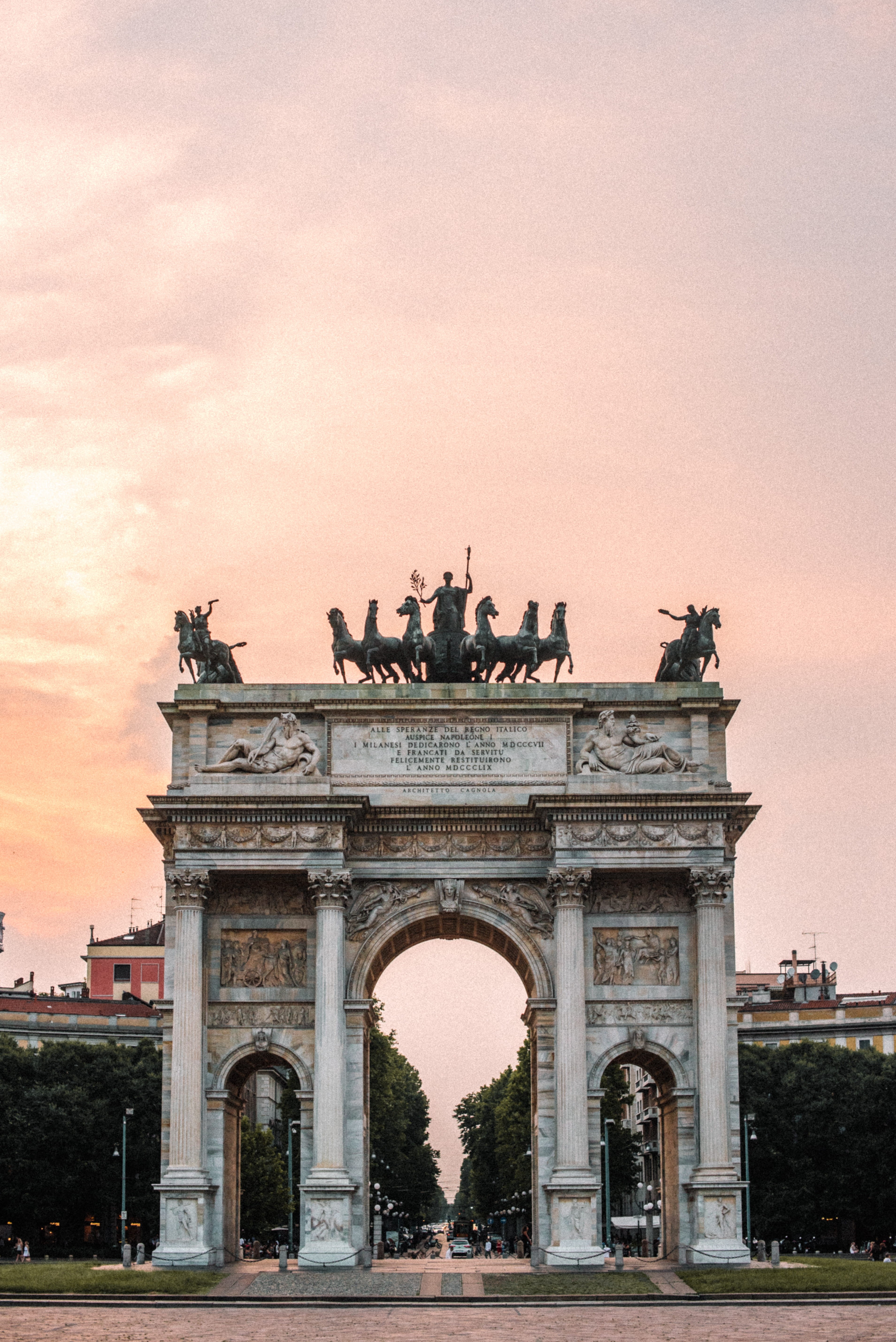 arch, no people, italia, triumphal arch, sculpture, built structure, city, nature, arco della pace, sunset, representation, building exterior, outdoors, Phone HD Wallpaper