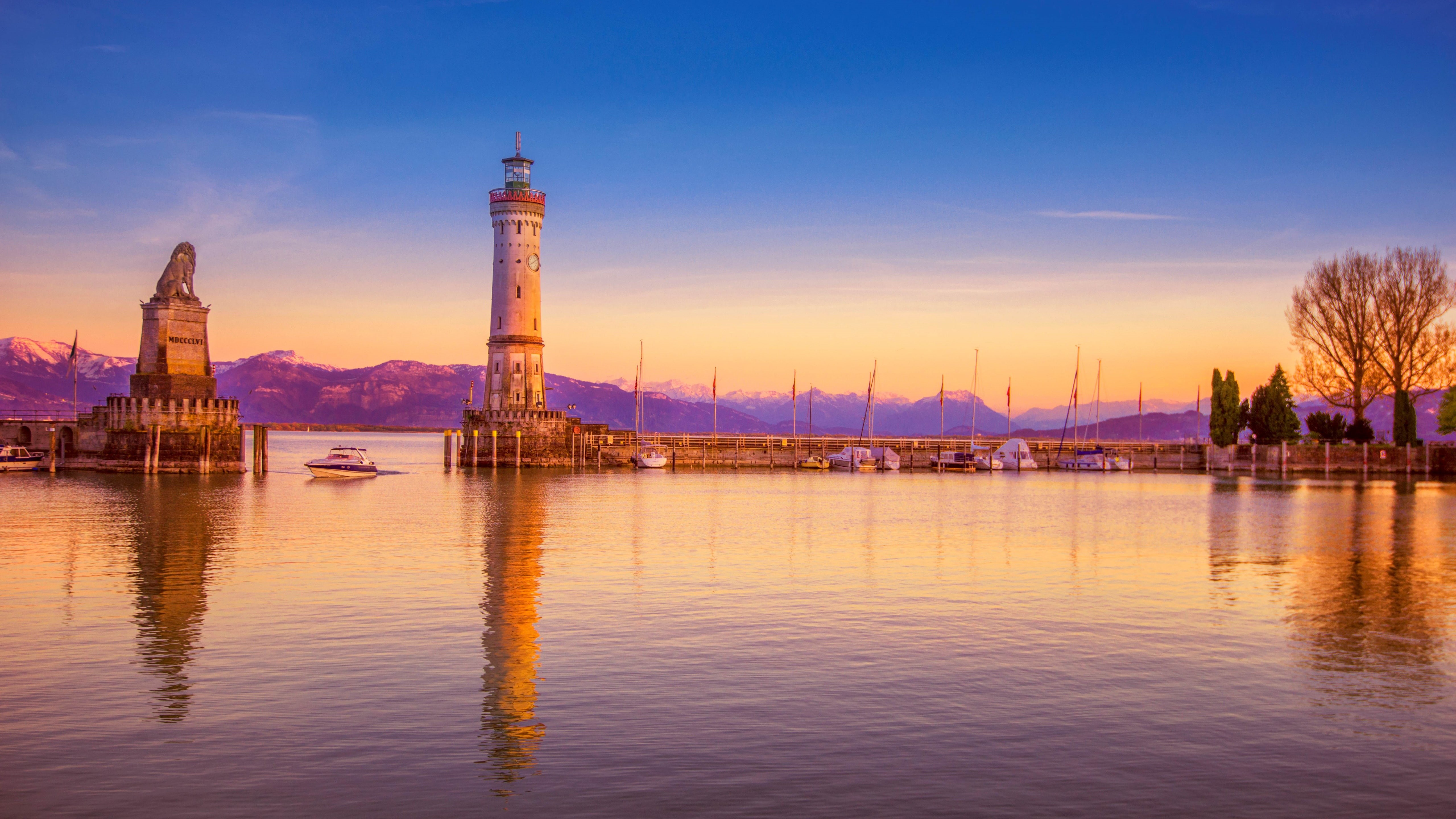 tower, europe, lindau lighthouse, bavarian lion, germany, dusk, lighthouse, tourist attraction, reflection, lindau, 5K, evening, sunset, landmark, HD Wallpaper