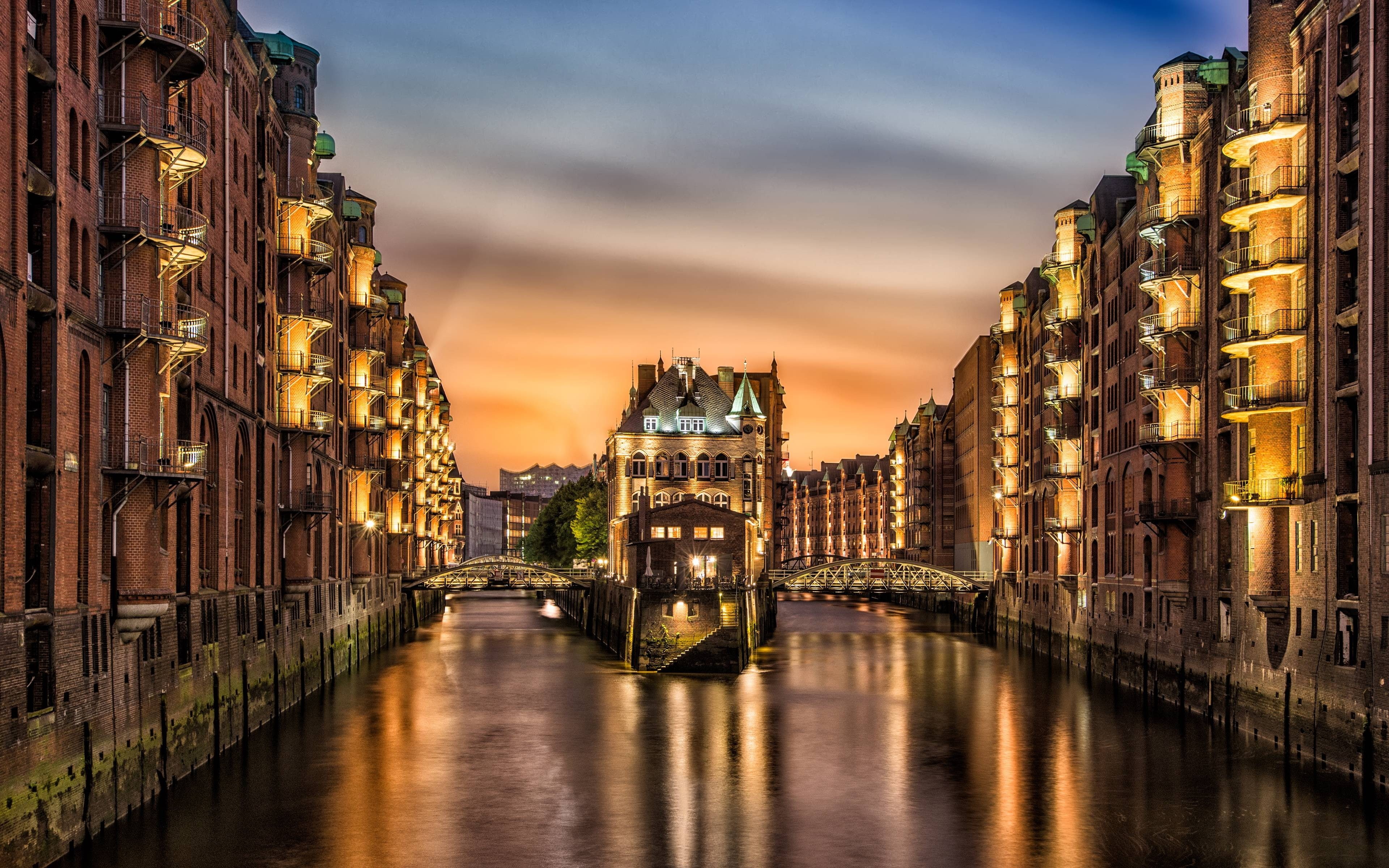 lights, Hamburg, Germany, 4K, Speicherstadt, ports, reflection, HD Wallpaper