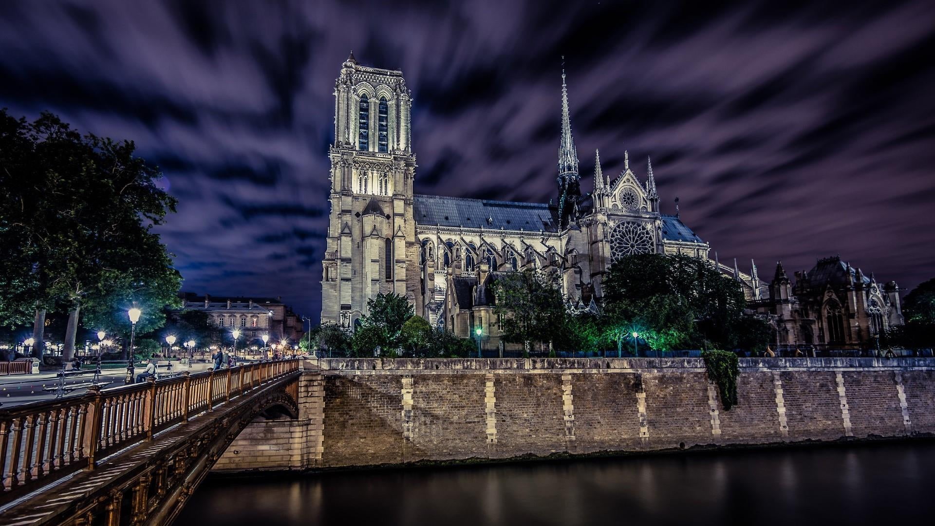 nature, sky, city, evening, seine, seine river, tree, tourist attraction, built structure, night, place of worship, 1080P, building exterior, illuminated, HD Wallpaper