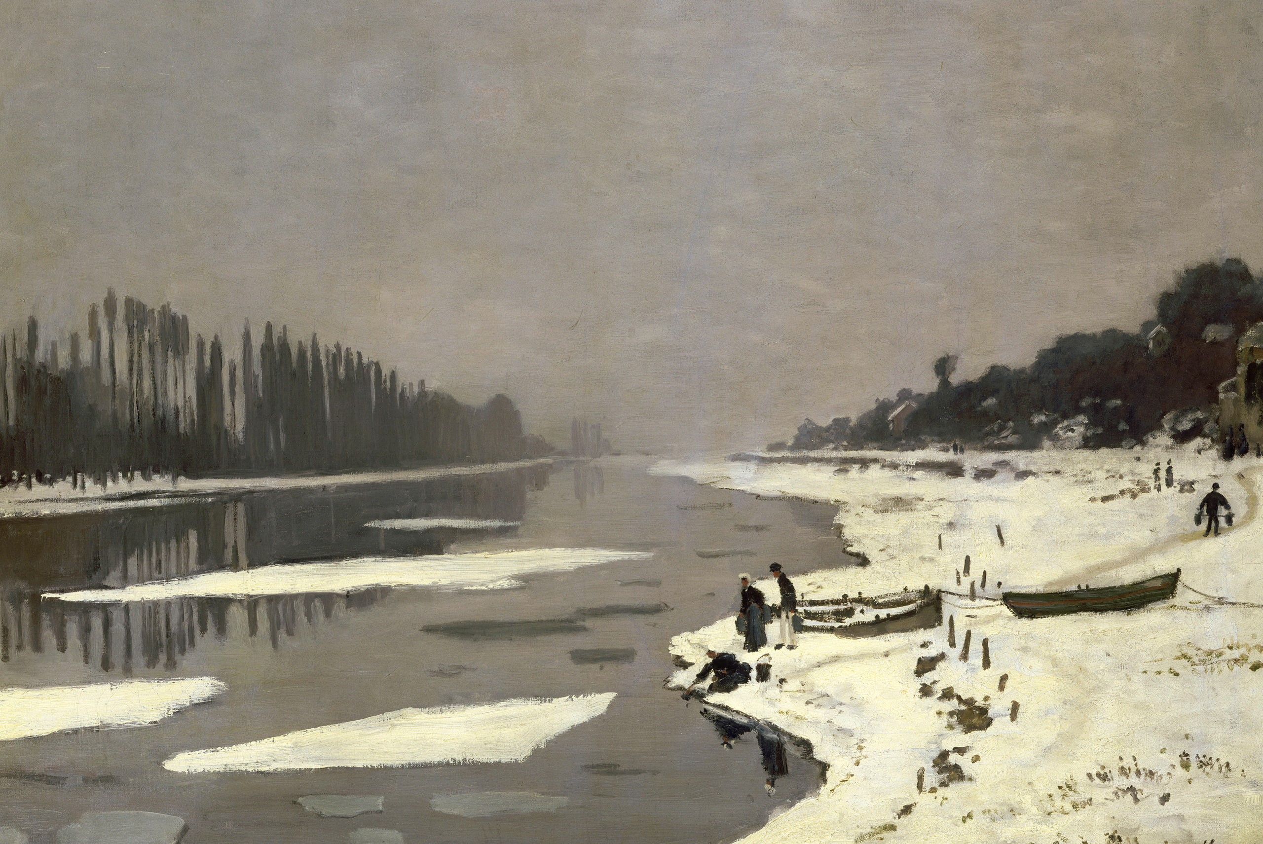 Ice floes on the Seine at Bougival, landscape, 2K, Claude Monet, picture, HD Wallpaper