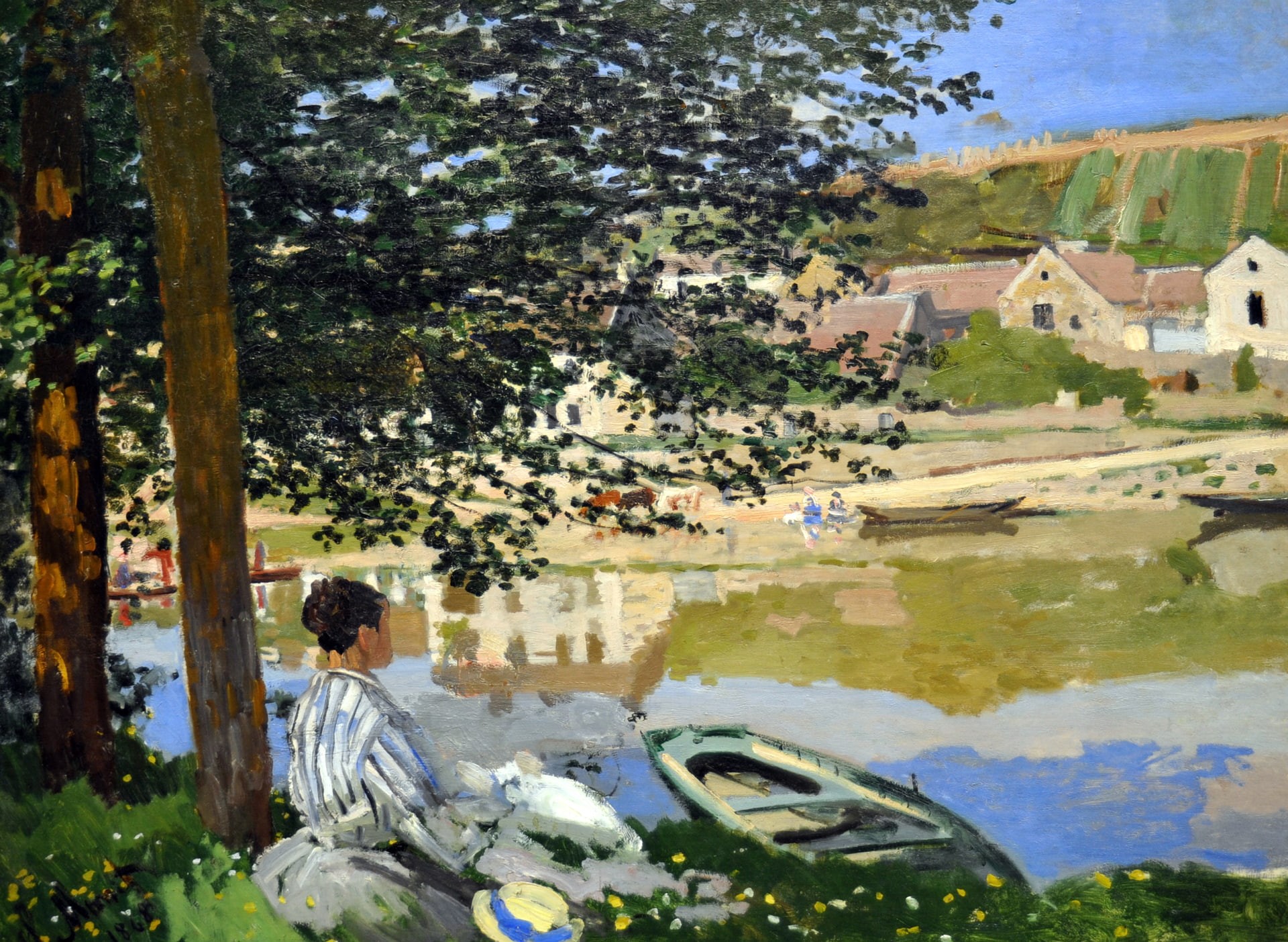 The Seine at Bennecourt, girl, 1080P, landscape, Claude Monet, boat, picture, HD Wallpaper