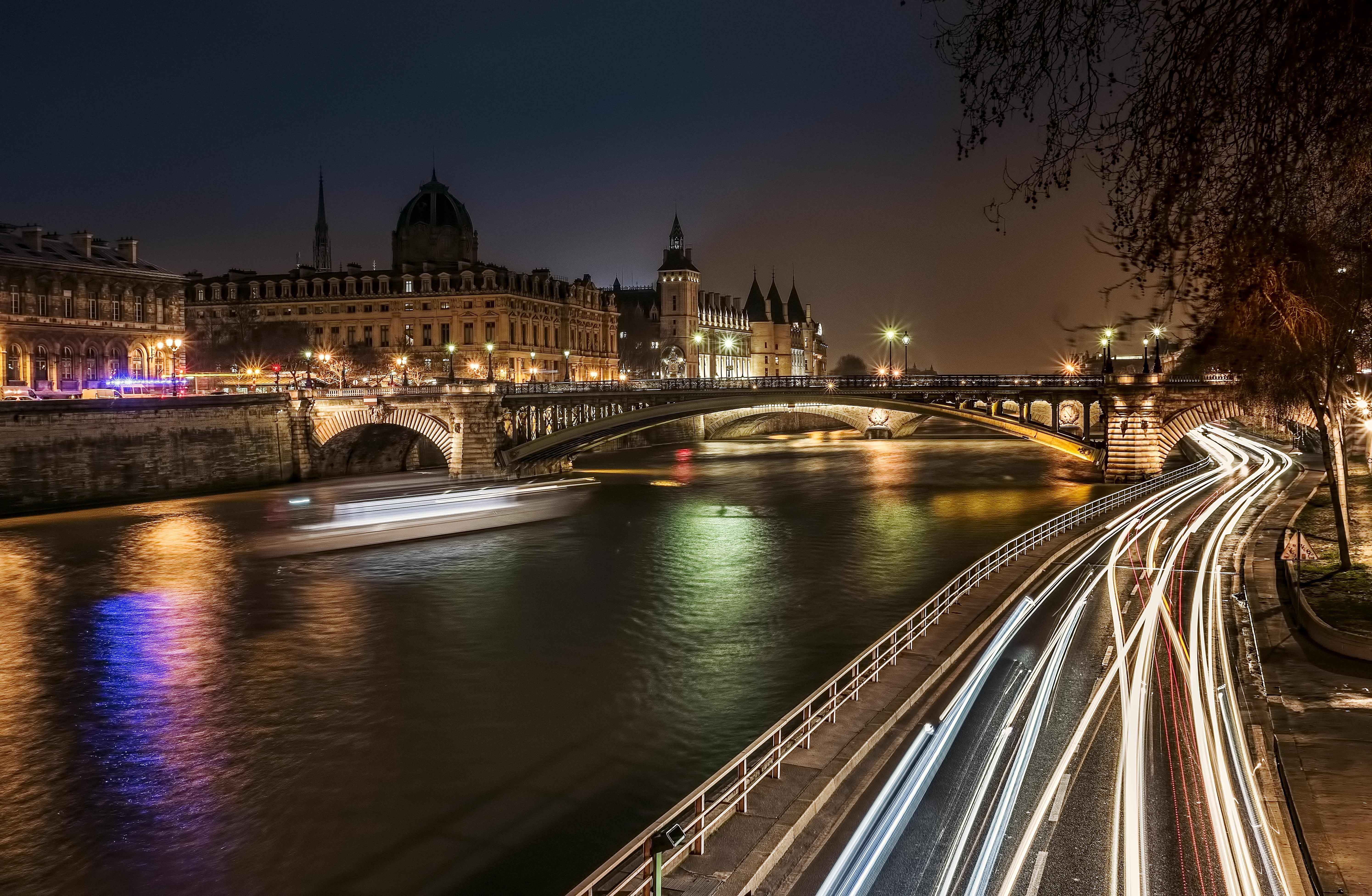 illuminated, concrete, lapse, cityscape, famous Place, bridge, urban Scene, photography, cars, europe, seine, architecture, time, night, 5K, dusk, moving, HD Wallpaper
