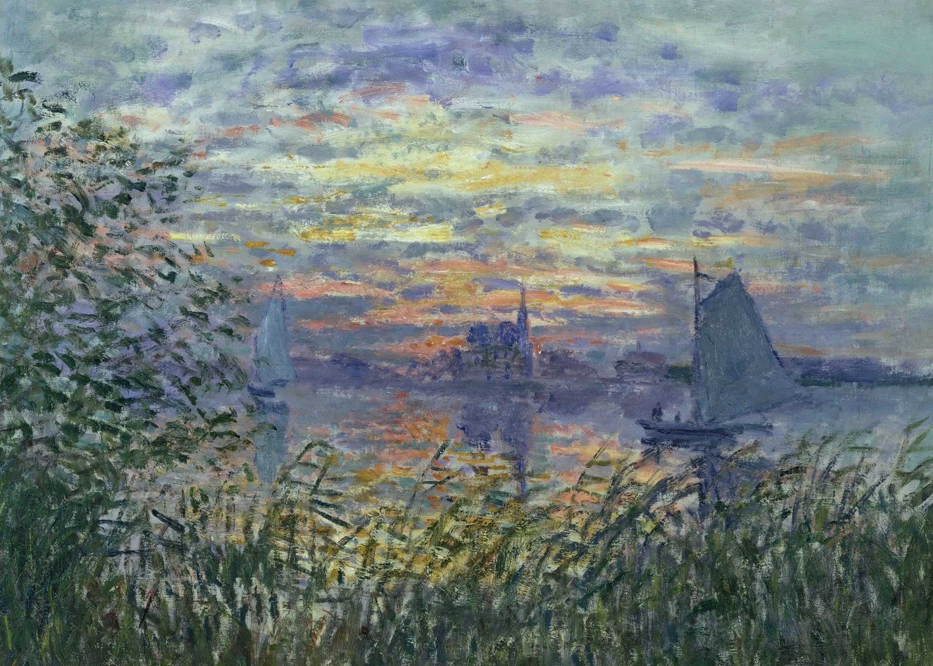 Sunset on the Seine, 1080P, Claude Monet, boat, sail, picture, landscape, HD Wallpaper