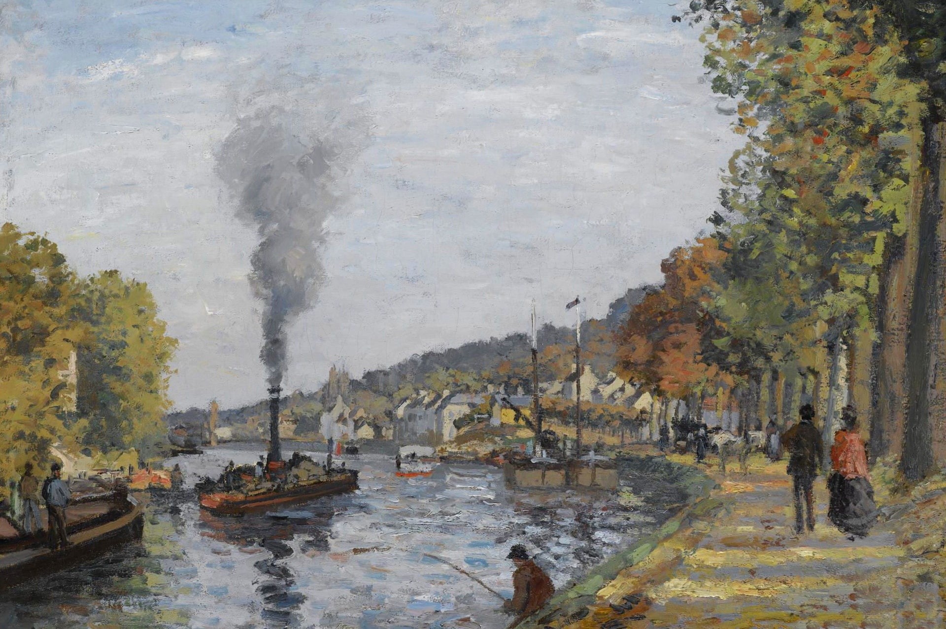 Camille Pissarro, river, 1080P, ship, smoke, fisherman, steamer, The Seine at Bougival, HD Wallpaper