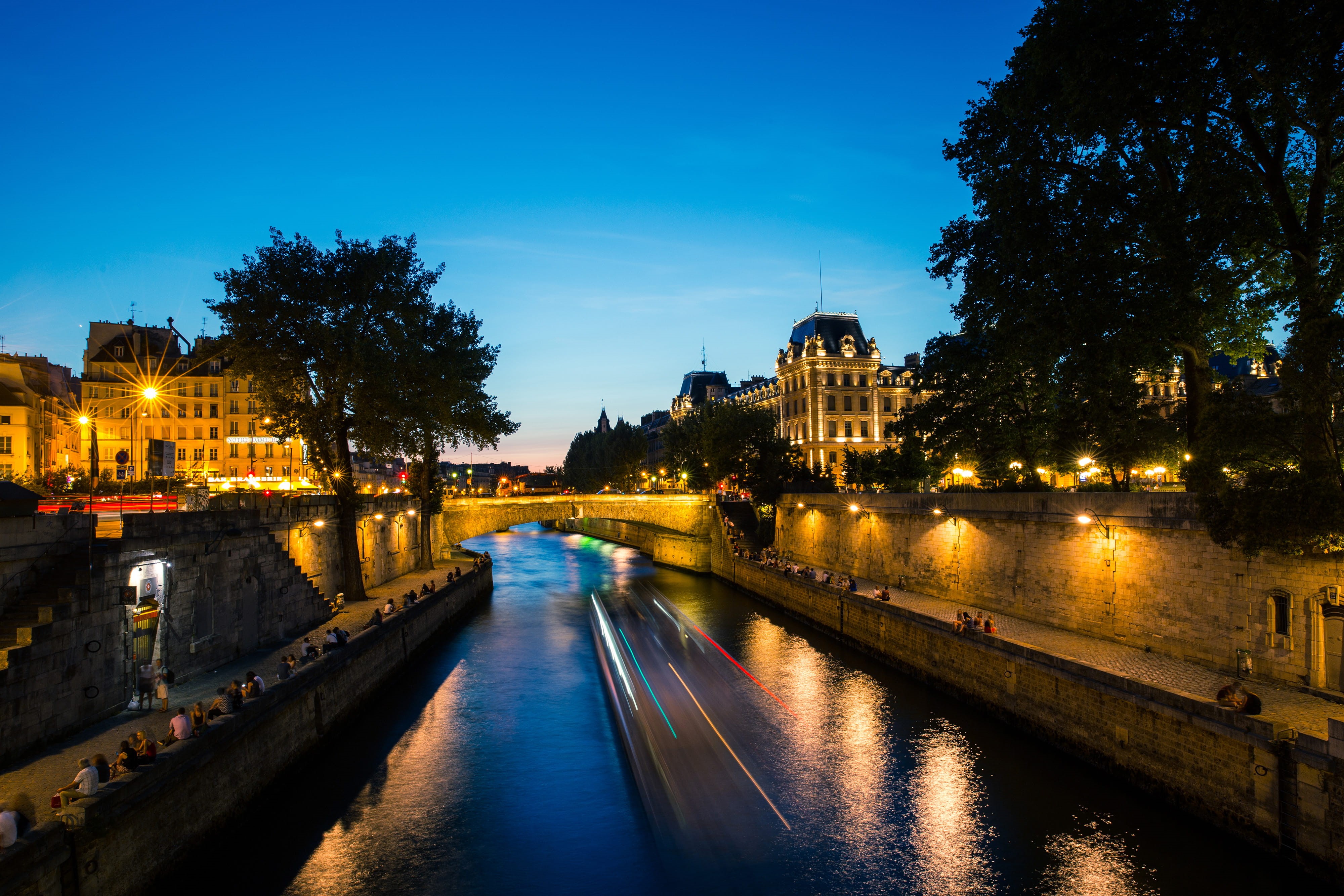 seine, travel Destinations, history, night, France, bridge - Man Made Structure, city, built structure, illuminated, france, sky, 4K, reflection, twilight, HD Wallpaper