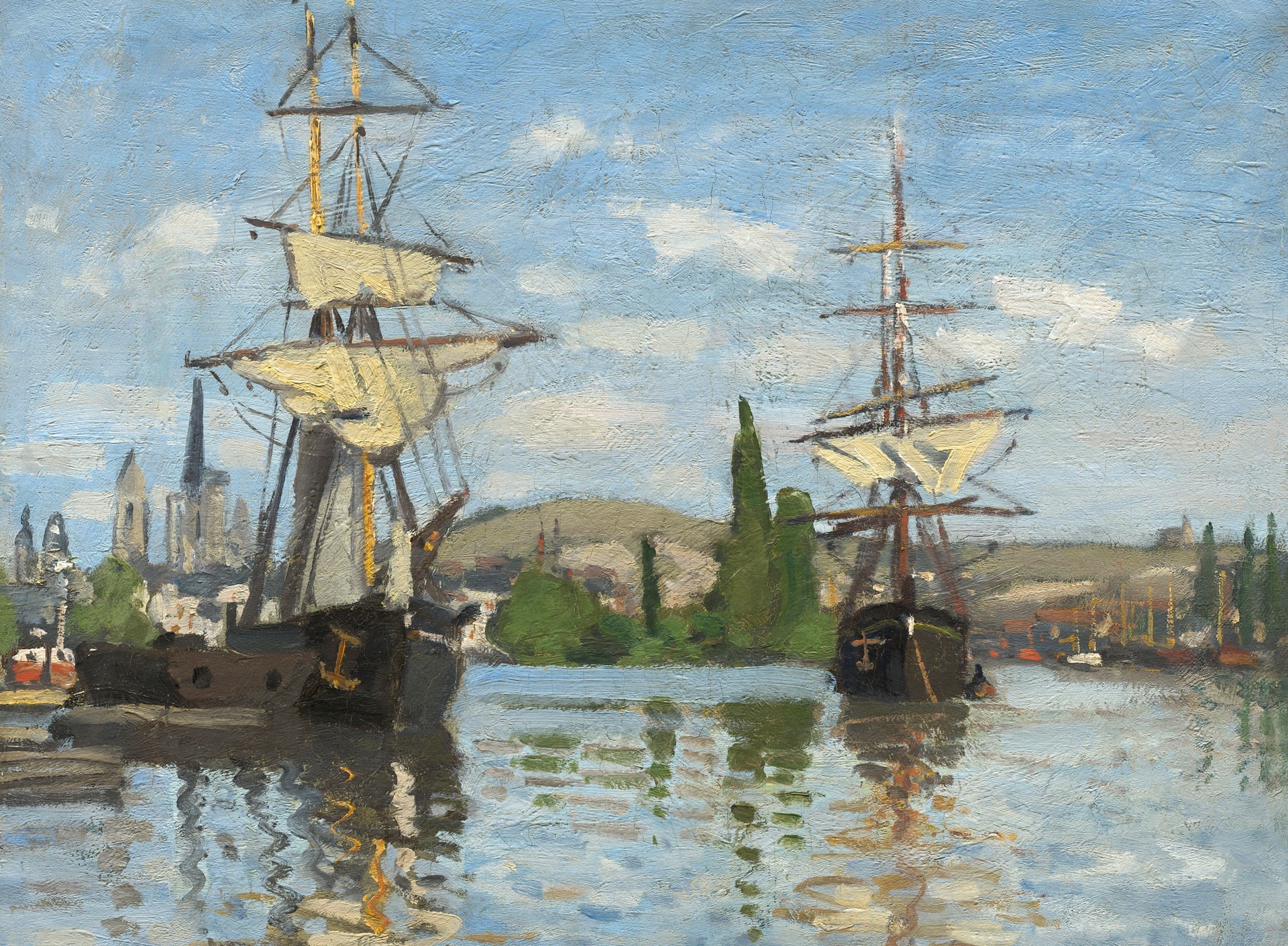 Claude Monet, 1080P, picture, Sailing Ships on the Seine in Rouen, landscape, HD Wallpaper