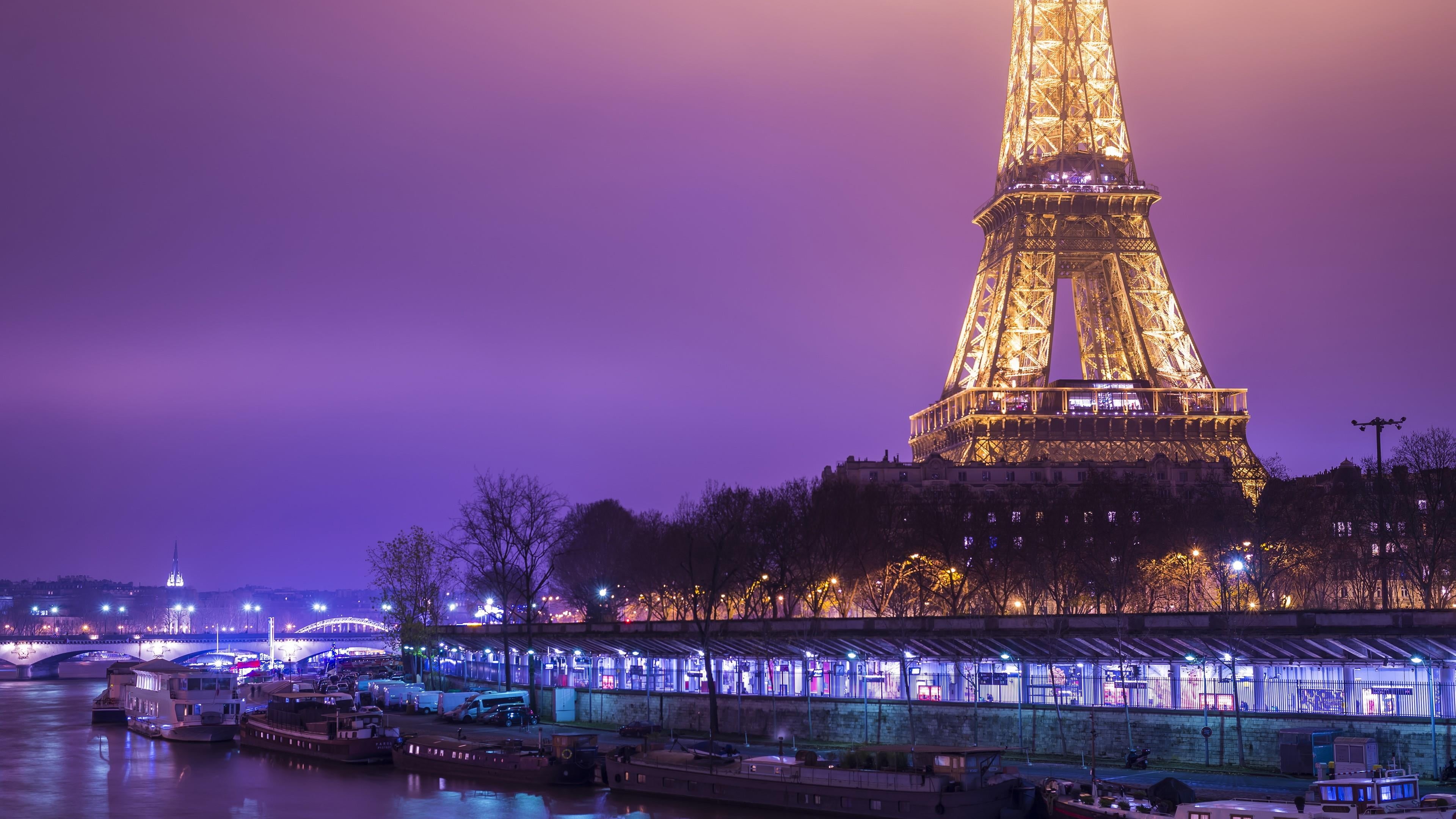 landmark, building exterior, outdoors, tourism, france, travel destinations, europe, evening, purple sky, travel, river, water, nature, seine, skyline, HD Wallpaper