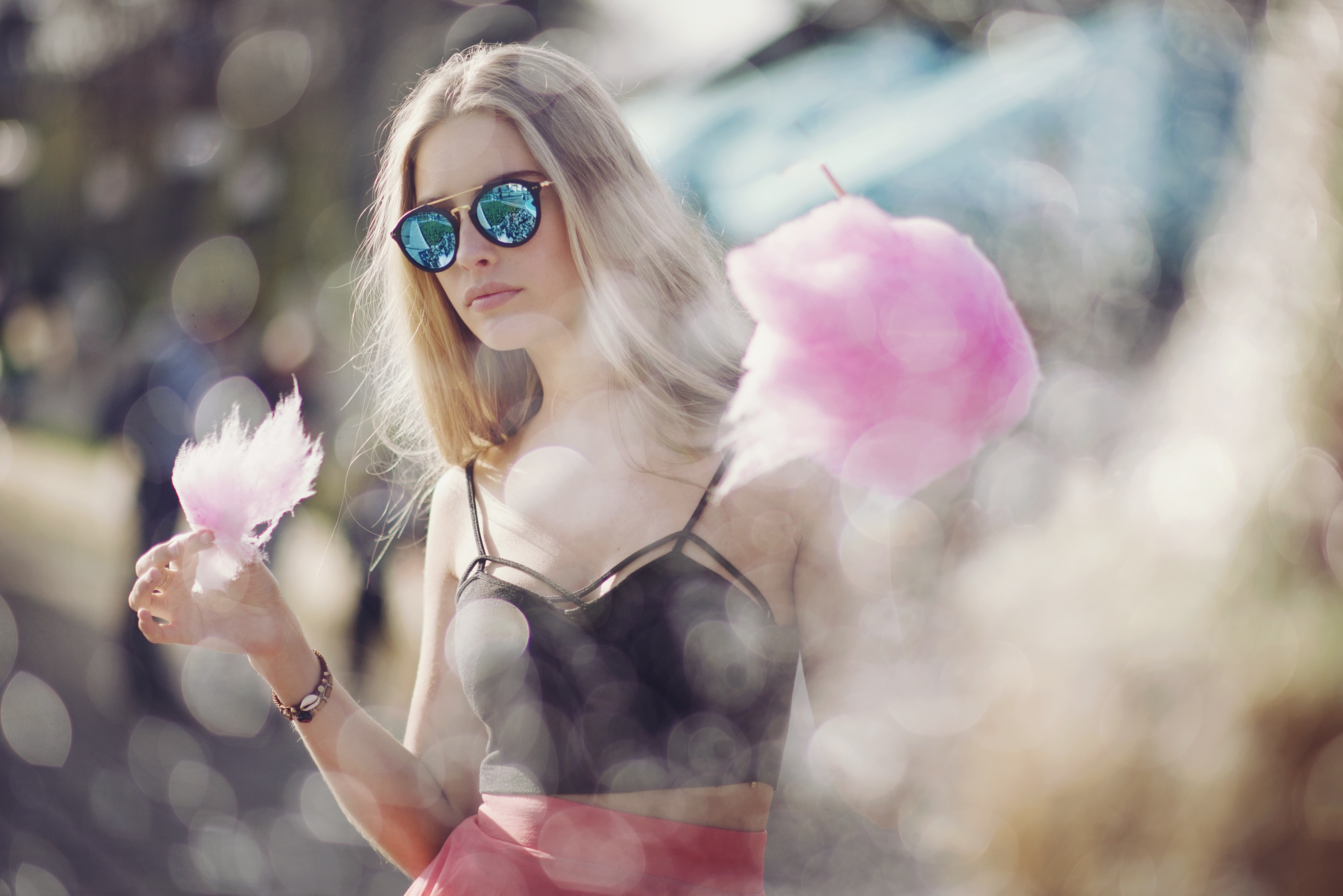 sunglasses, Anastasia Vervueren, 5K, red skirt, women, cotton candy, blonde, black tops, HD Wallpaper