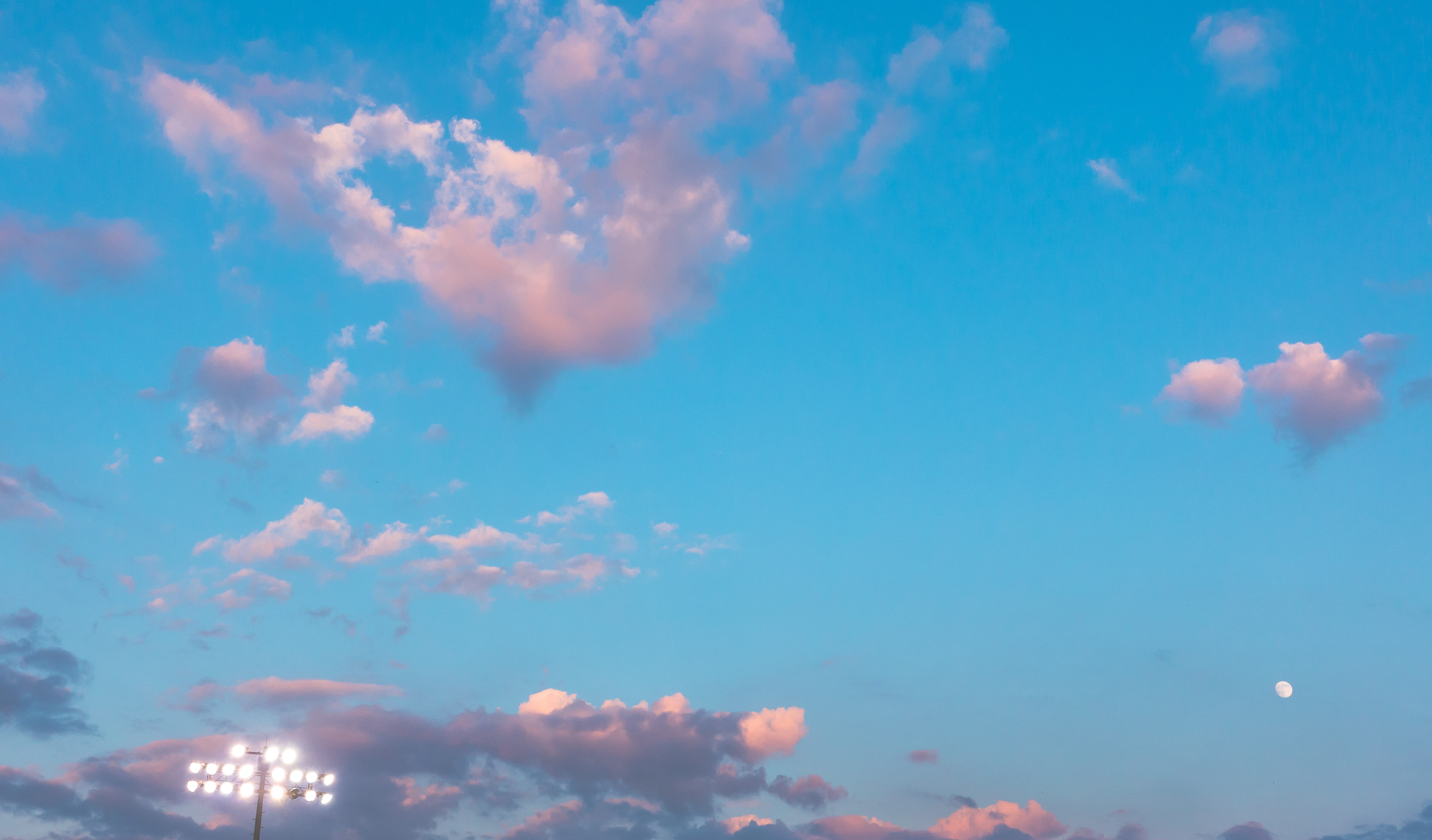pink color, meteorology, sunset, scenics - nature, outdoors, moon, clouds, nature, full frame, cloudscape, idyllic, light, tranquility, cotton candy, low angle view, HD Wallpaper