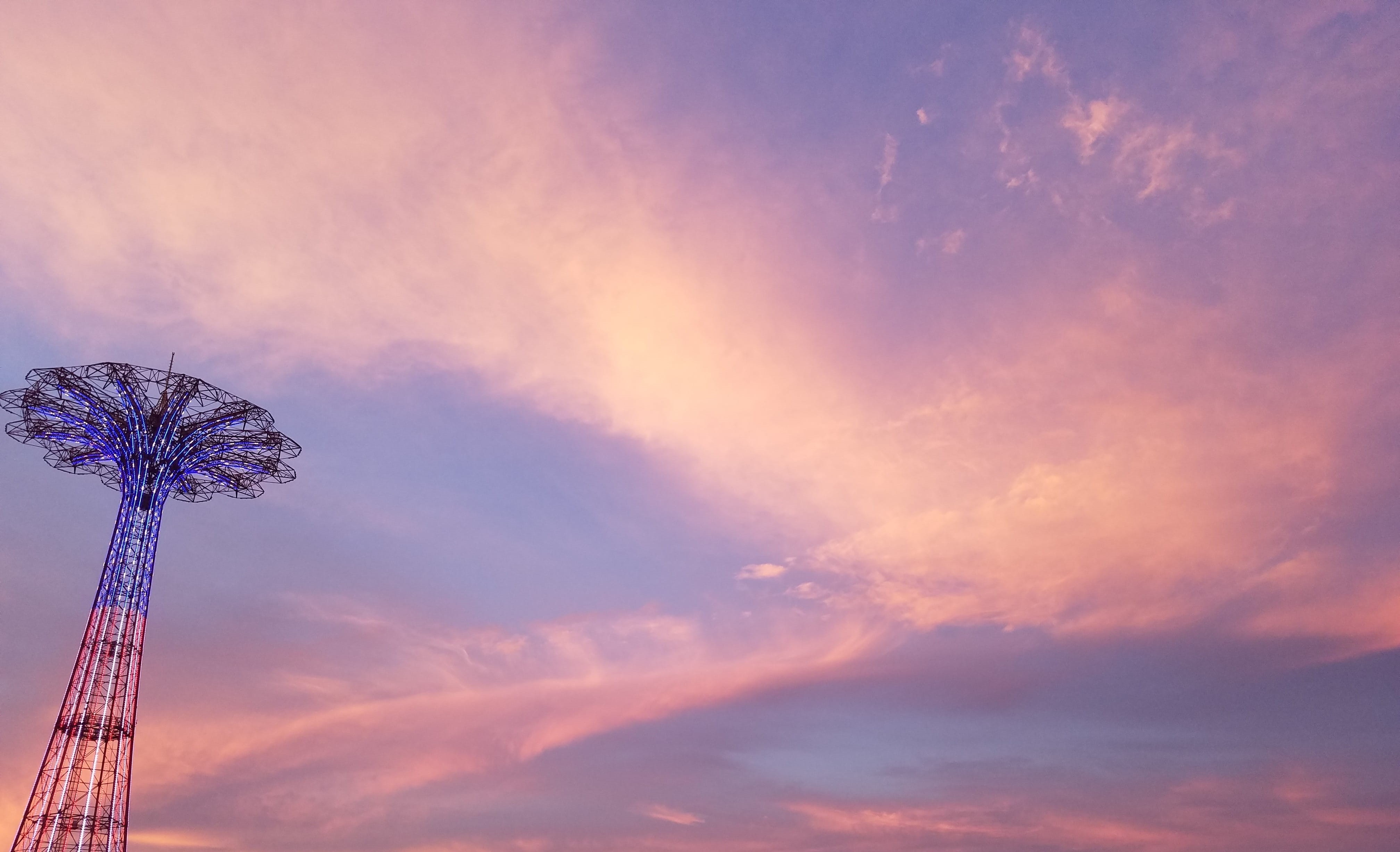 nature, architecture, low angle view, carnival, arts culture and entertainment, sky, purple, dramatic sky, beauty in nature, dusk, blue, cotton candy, cloud - sky, HD Wallpaper
