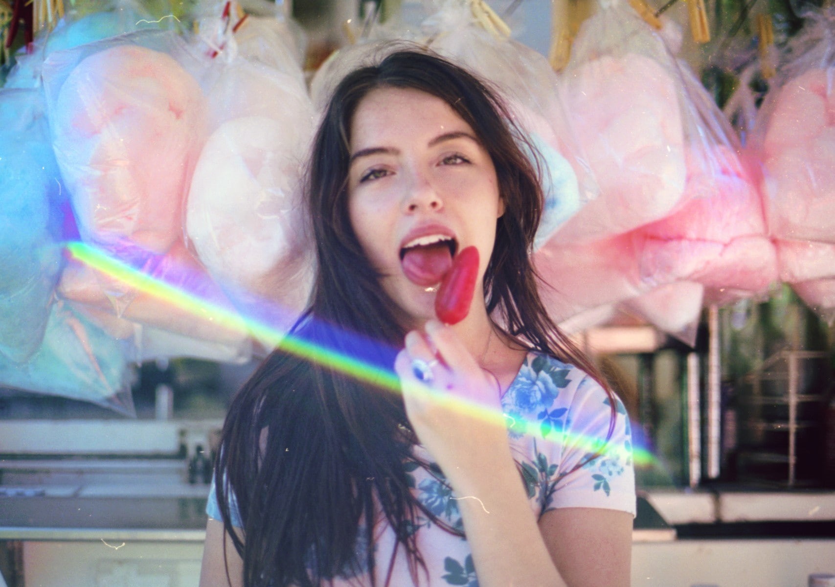 brunette, eating, 720P, popsicle, women, looking at viewer, tongues, cotton candy, HD Wallpaper