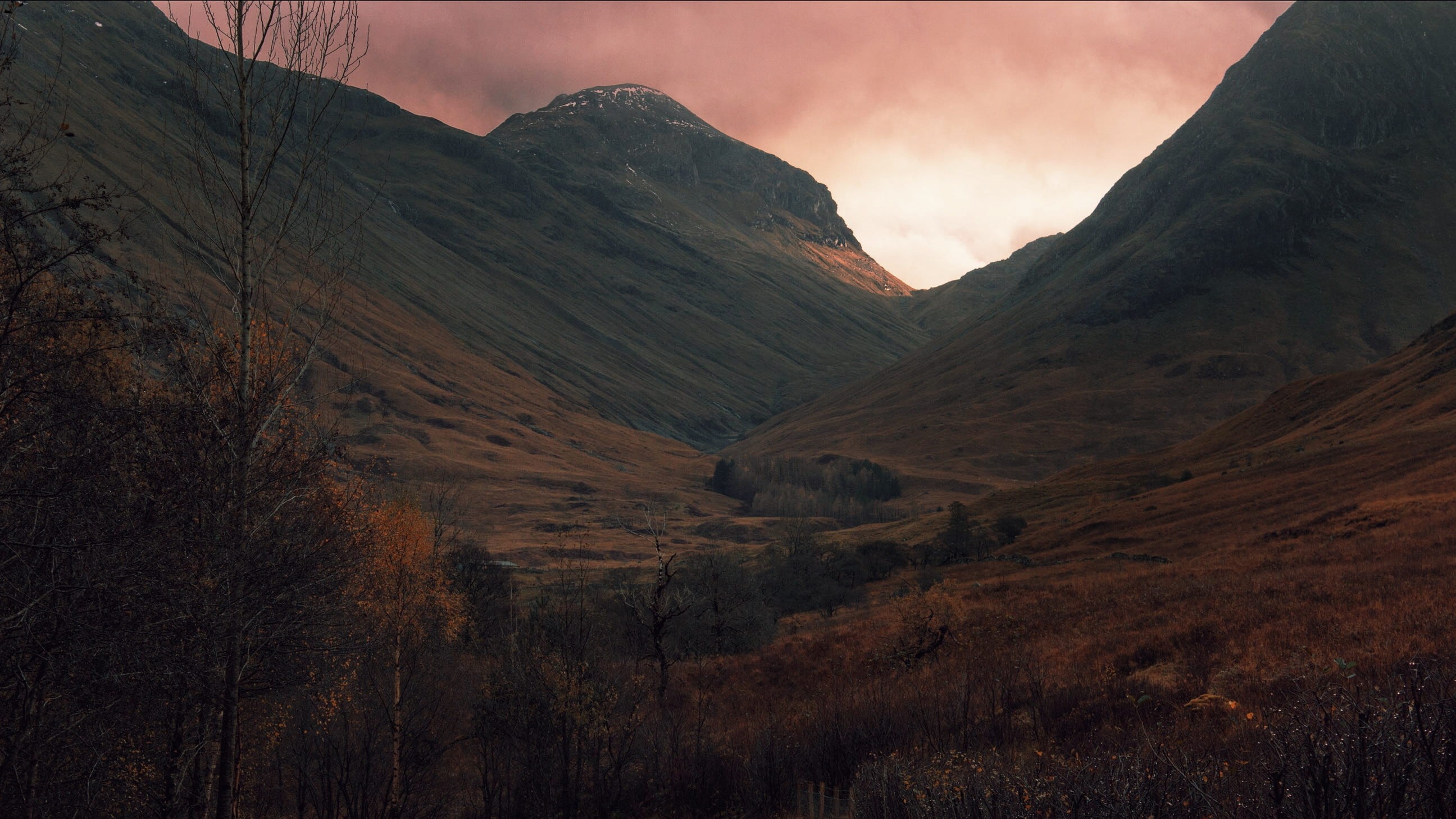 no people, glencoe, candy cotton sky, land, stream, river, highland, gray, tranquil scene, cloud, forest, plant, autumn, outdoors, 2K, non-urban scene, HD Wallpaper