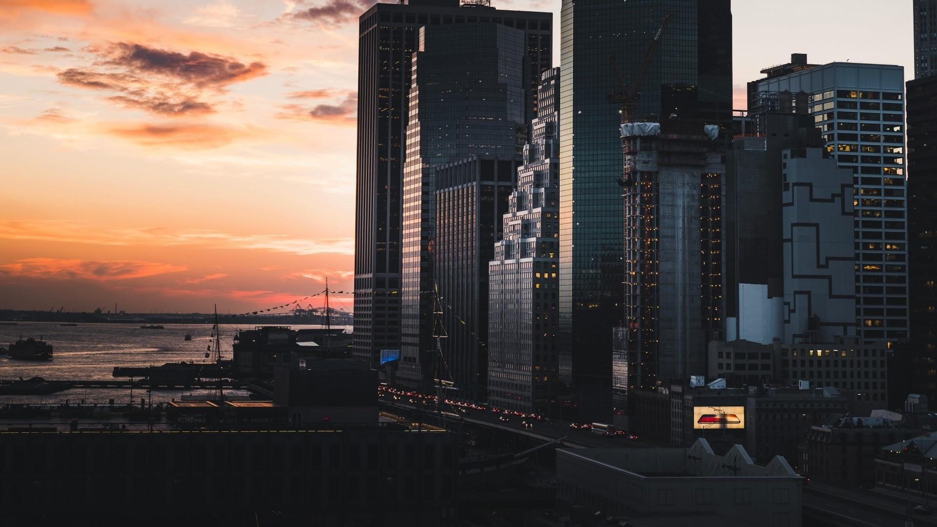 financial district, new york city, evening, 1080P, metropolis, condominium, usa, architecture, building, cityscape, cloud - sky, orange color, residential district, HD Wallpaper