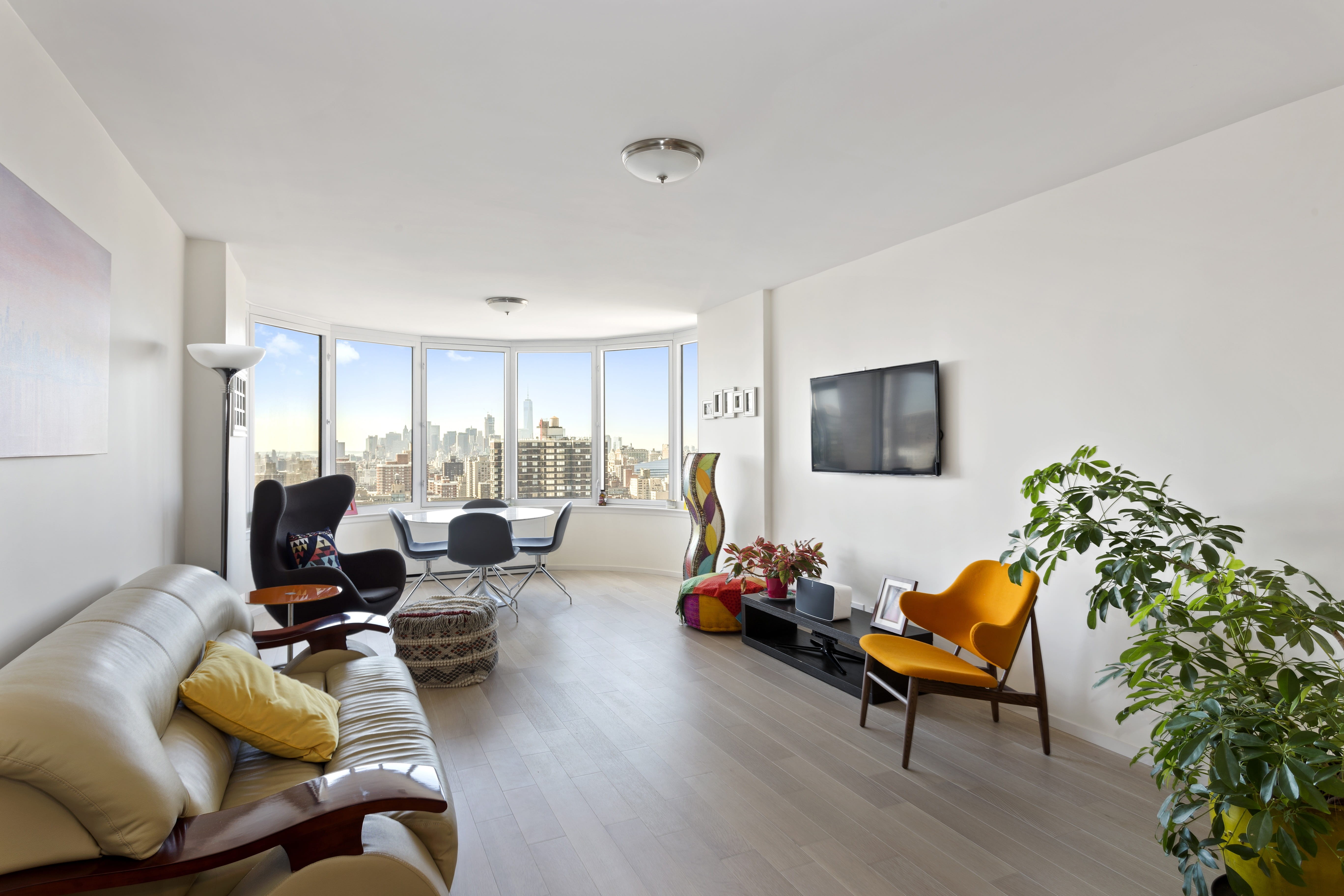 table, high angle view, usa, high rise, television set, living room, city, architecture, 5K, new york city, skyscraper, window, home showcase interior, HD Wallpaper