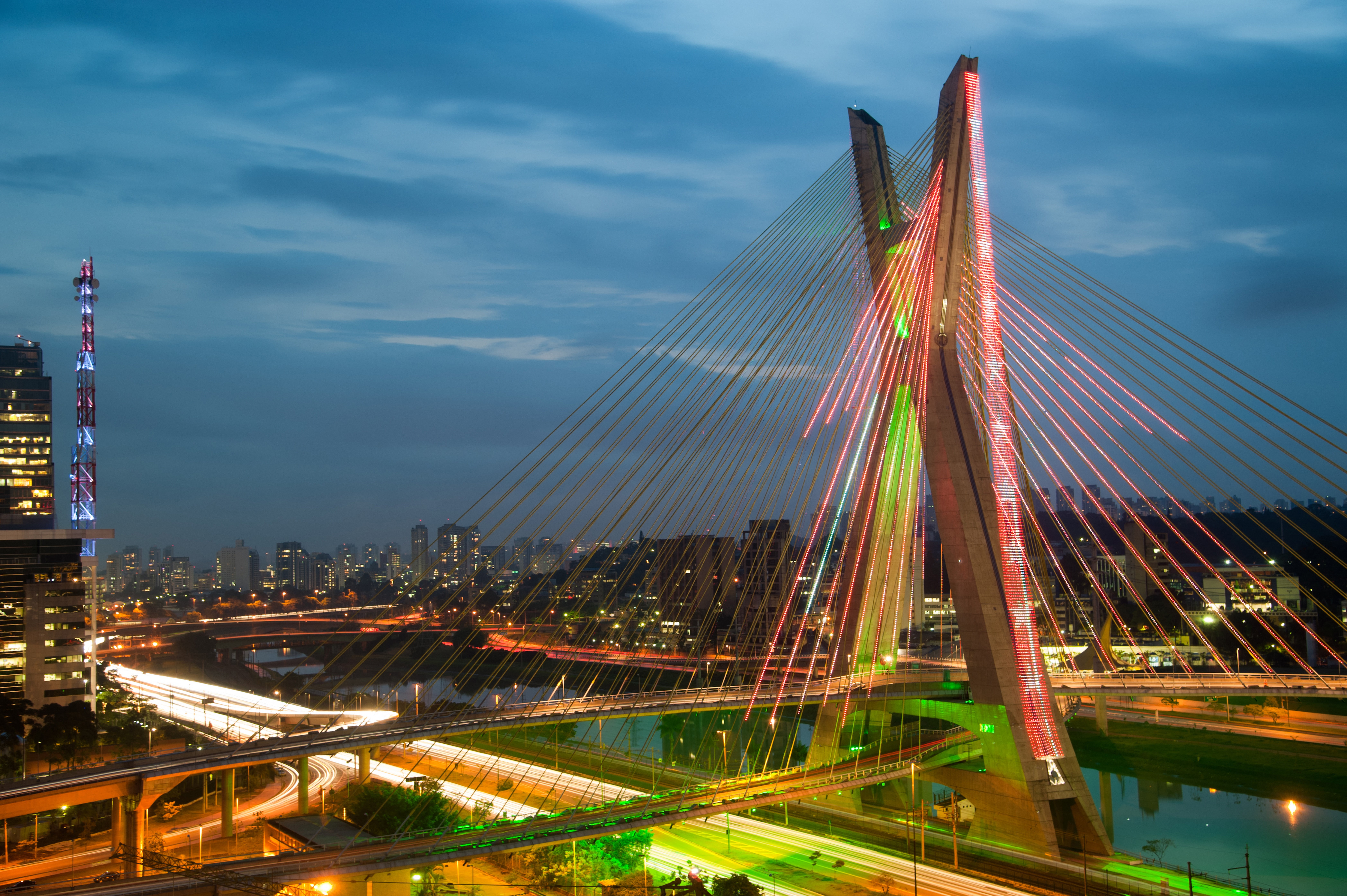 travel destinations, support, motion, cityscape, night, 8K, highway, city life, home, Brazil, nature, tall - high, cloud - sky, lights, light trail, office building exterior, HD Wallpaper
