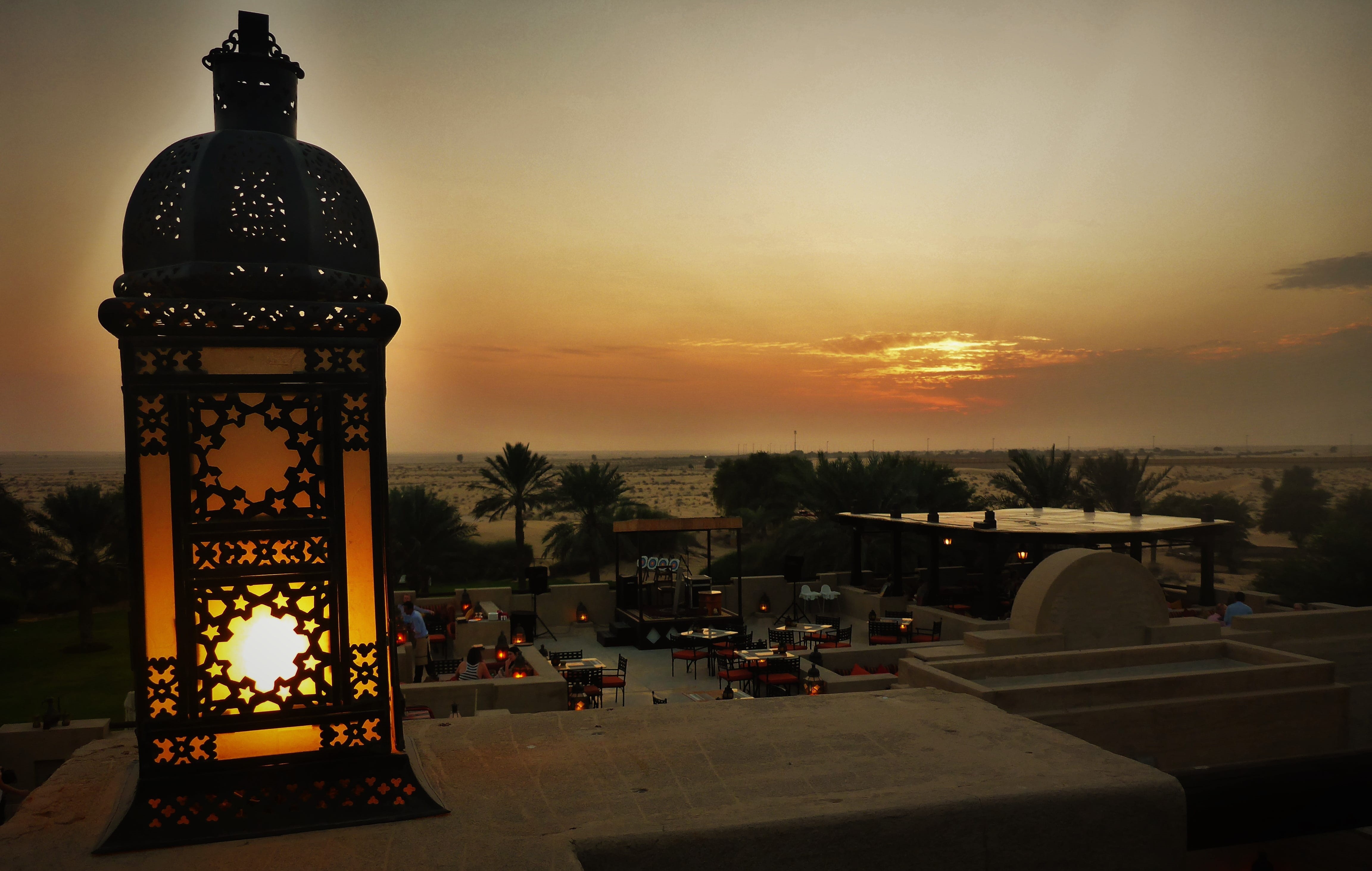 illuminated, dusk, architecture, dubai, brown, nature, built structure, orange, sunset, brown and orange, plant, u a e, religion, travel destinations, desert, HD Wallpaper