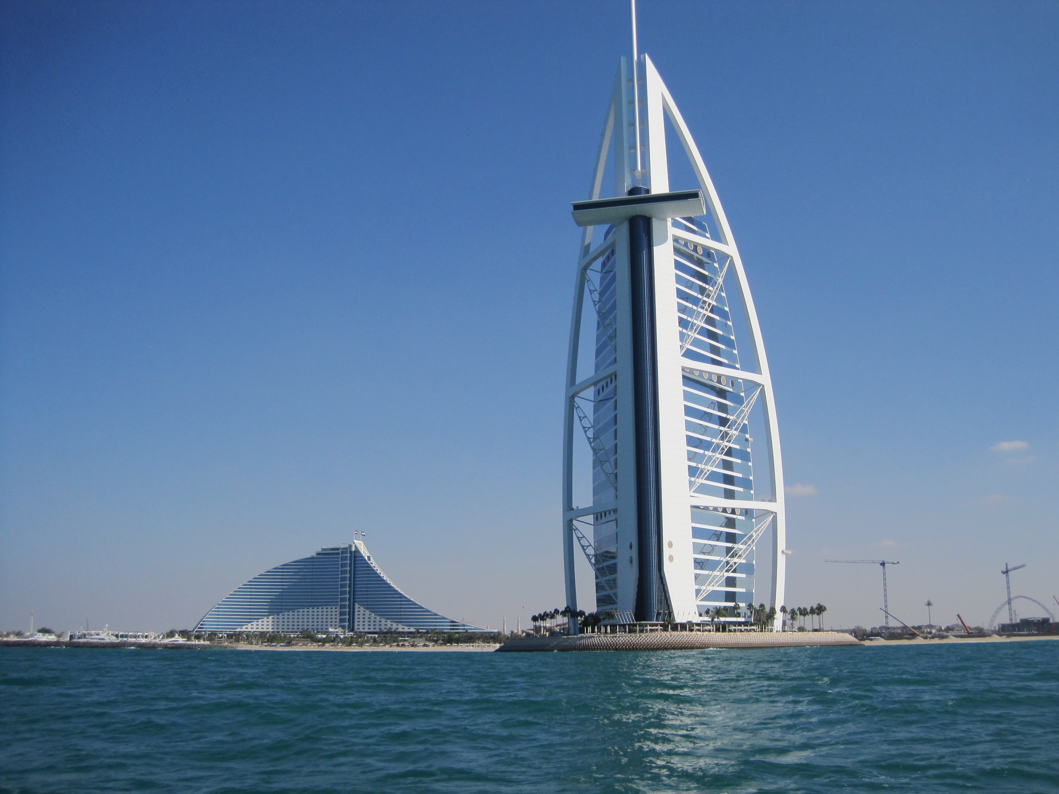 blue, sea, Burj, u a e, travel destinations, modern, built structure, sky, transportation, building exterior, connection, nature, no people, burj al arab, HD Wallpaper