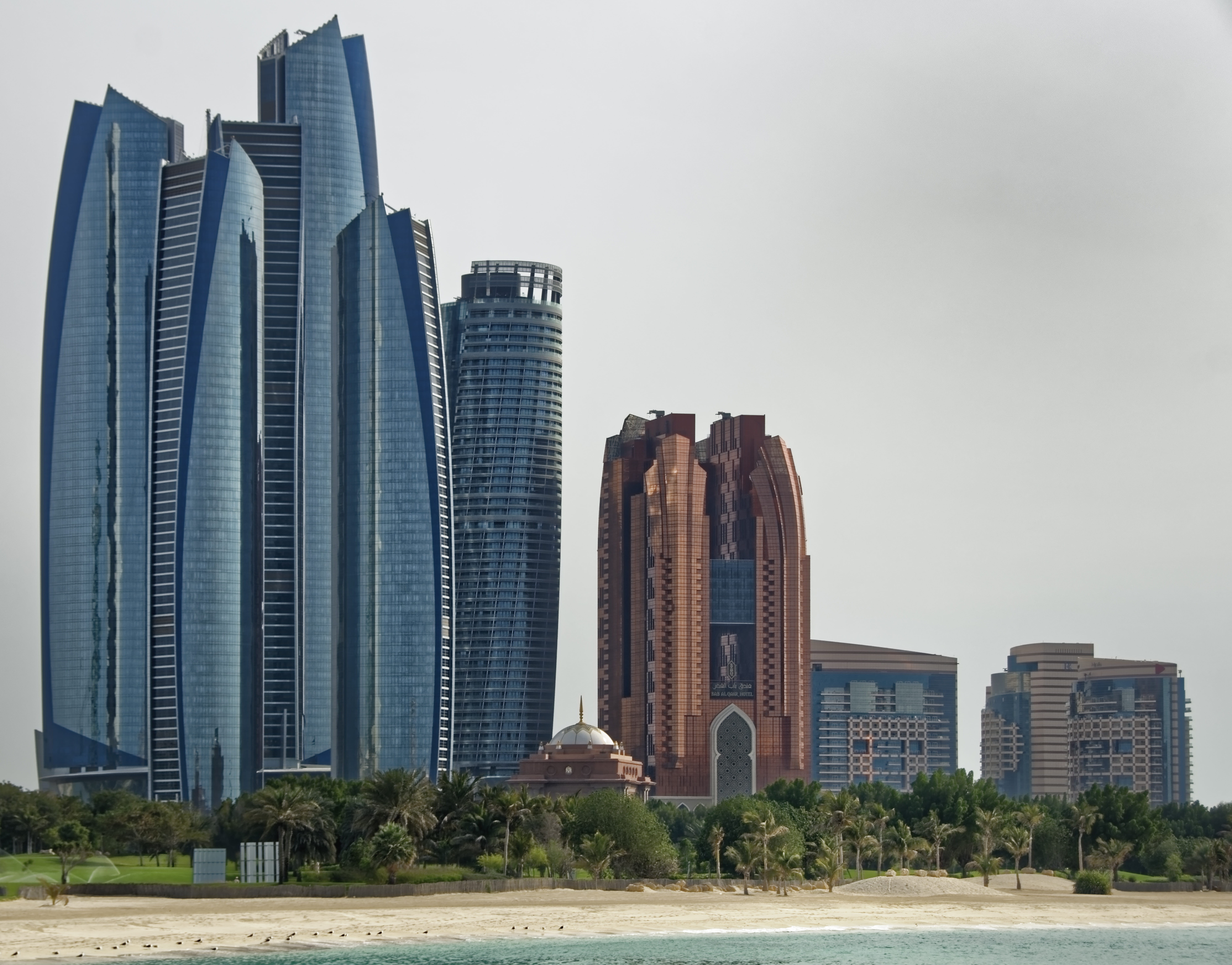 tree, building exterior, plant, office, architecture, abu dhabi, financial district, built structure, clear sky, tower, city, building, nature, no people, HD Wallpaper