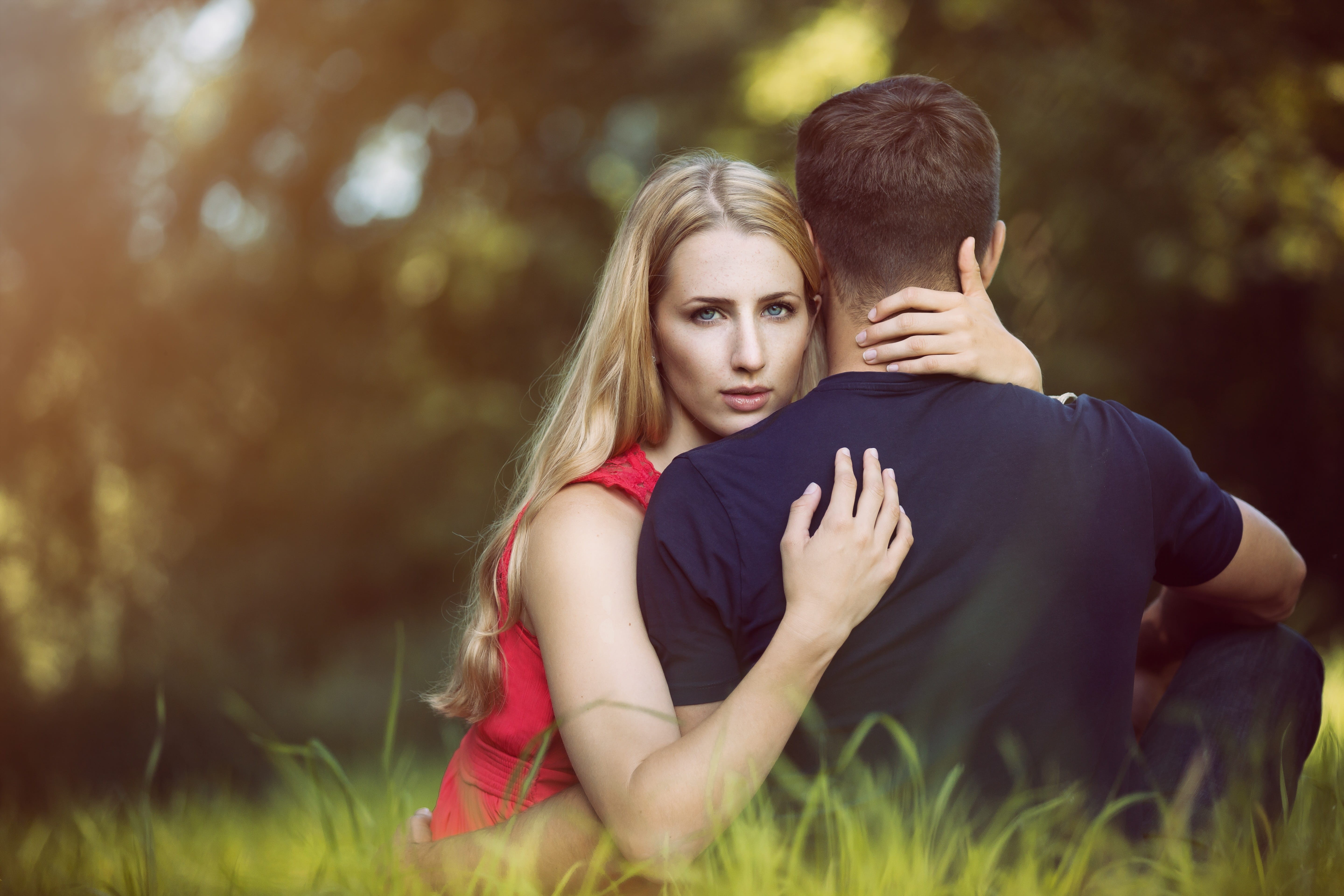 embracing, men, pair, relationship, young adult, young couple, romantic, grass, affair, two people, young women, jealous, adult, bonding, blur, couple, HD Wallpaper