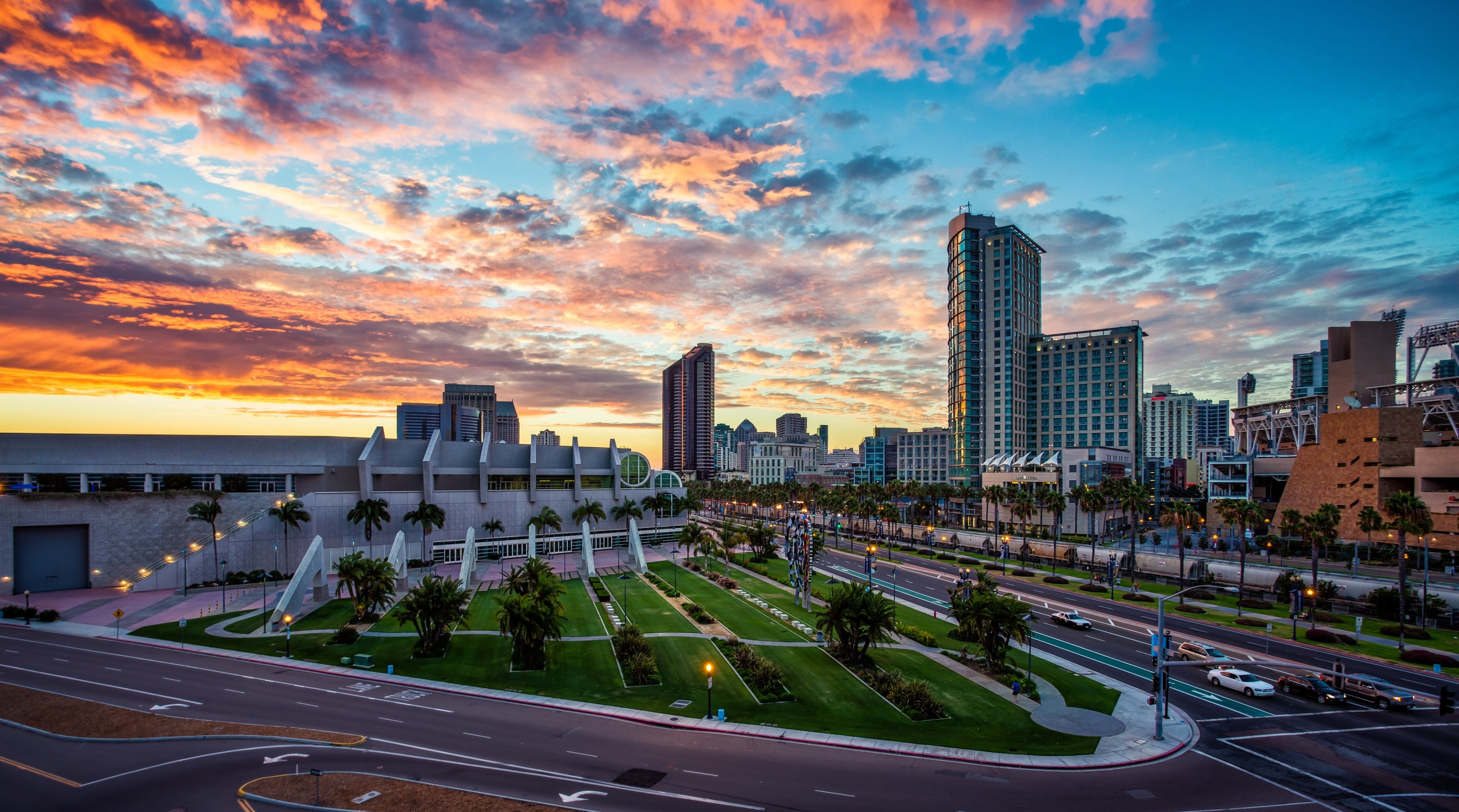5K, sandiegobay, Gaslamp, modern, harbordrive, Dusk, car, outdoors, office building exterior, financial district, transportation, skyscraper, United States, HD Wallpaper